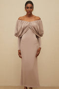 Kendra Midi Dress - V - Neck - Long Sleeves - Ruched Detailing - Stretch Design - Rear Slit