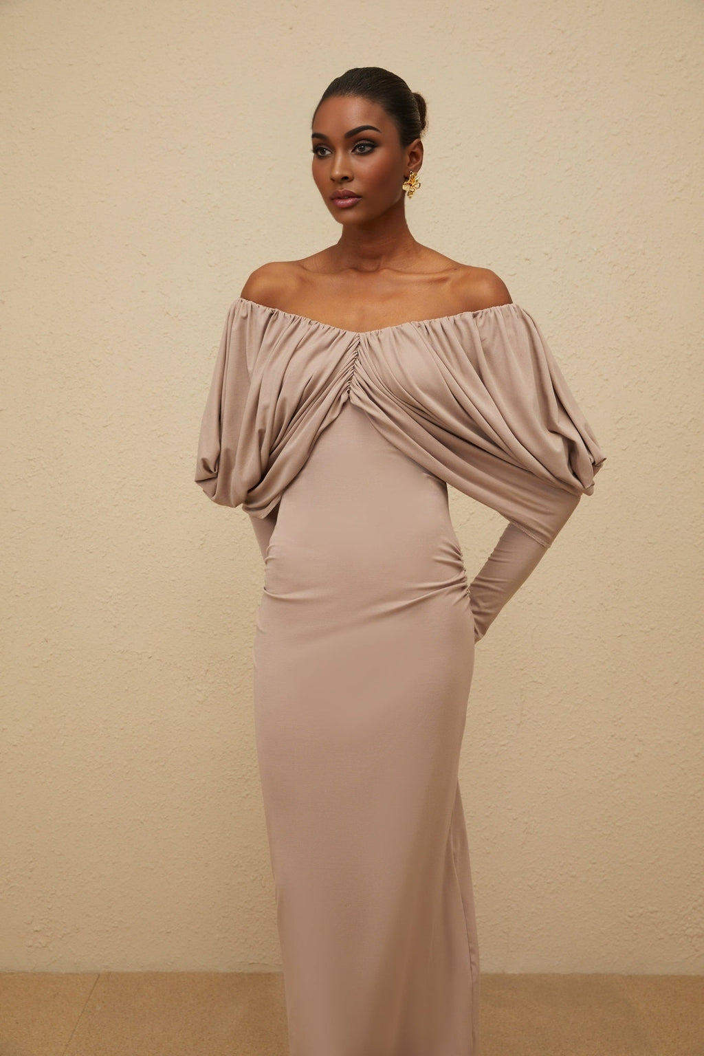 Kendra Midi Dress - V - Neck - Long Sleeves - Ruched Detailing - Stretch Design - Rear Slit