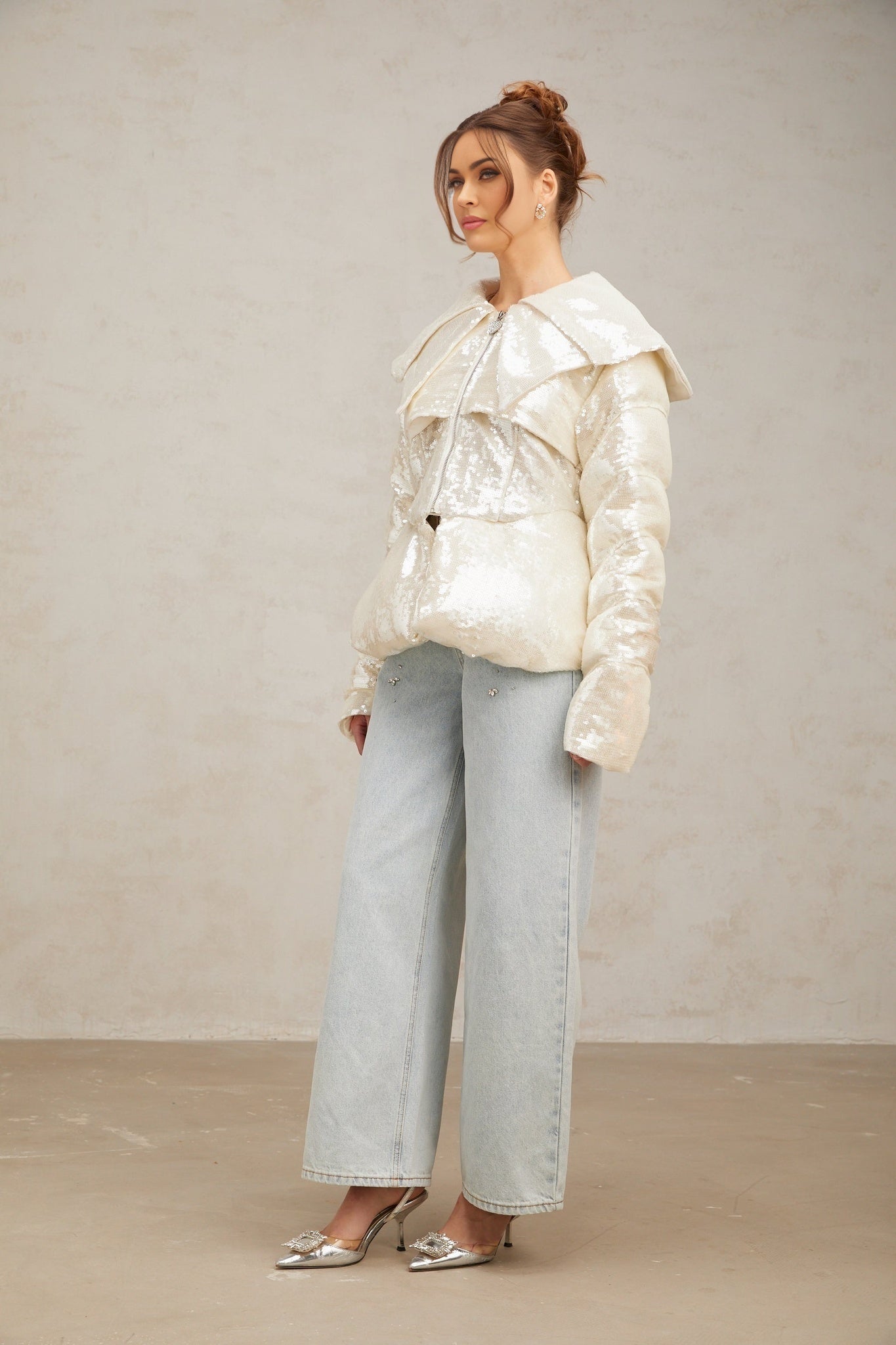 Kenzie Coat Kenzie Sequin White Down Sailor Collar Coat