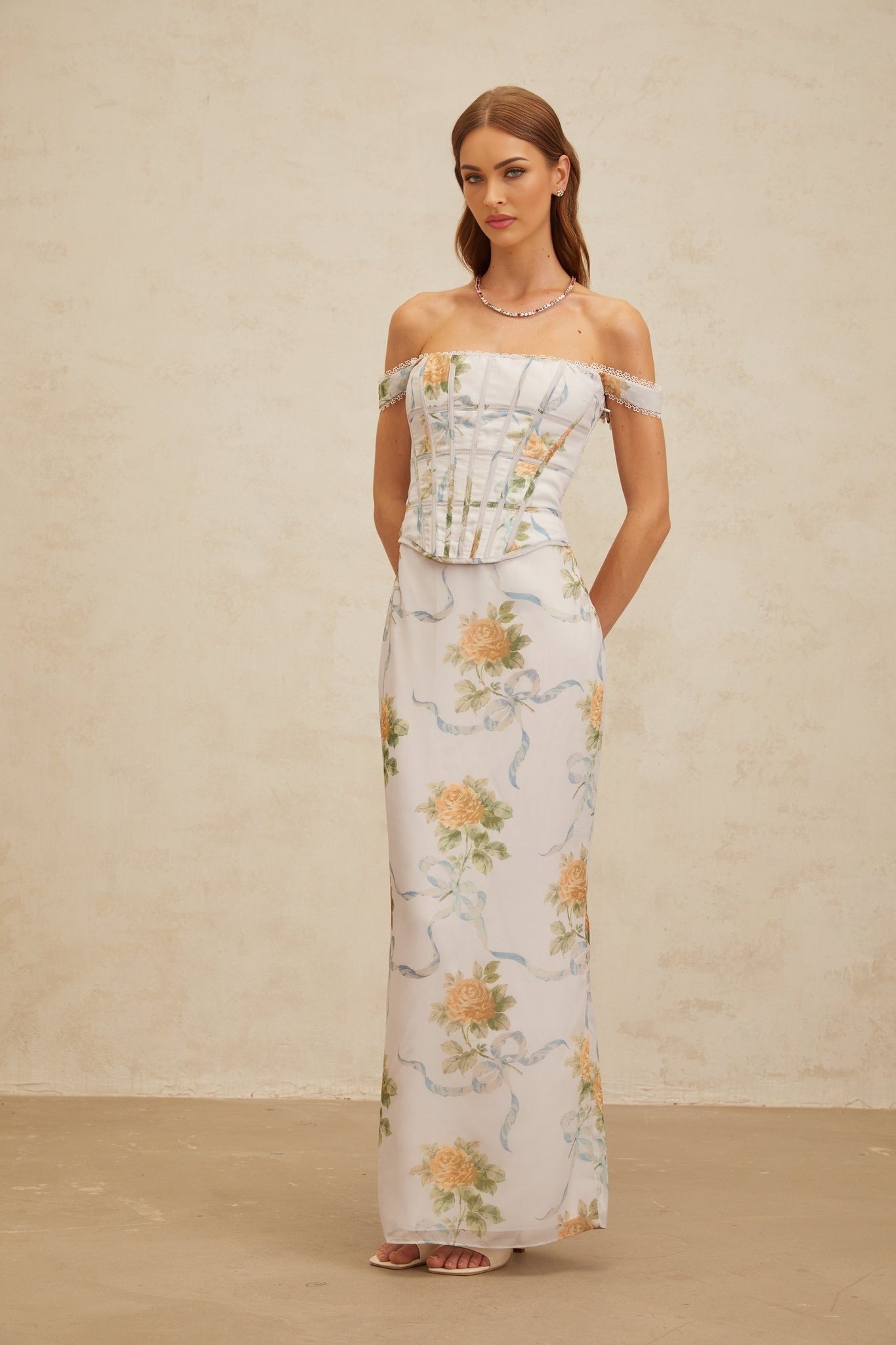 Kenzie Maxi Dress - Off - Shoulder Corseted Floral Print - Boned Bodice - Lace Trim