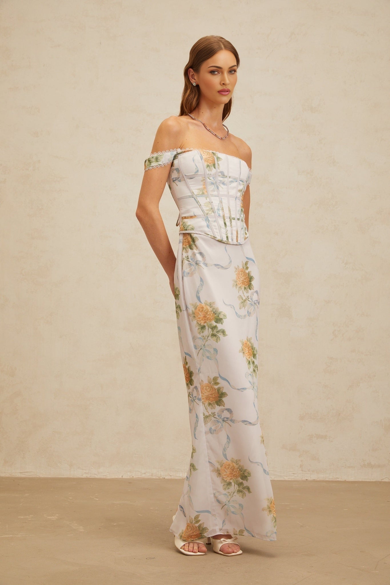 Kenzie Maxi Dress - Off - Shoulder Corseted Floral Print - Boned Bodice - Lace Trim