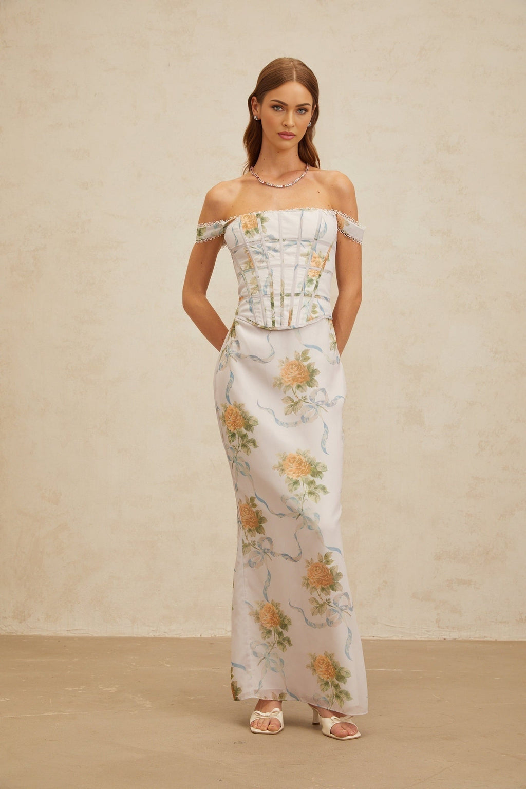 Kenzie Maxi Dress - Off - Shoulder Corseted Floral Print - Boned Bodice - Lace Trim