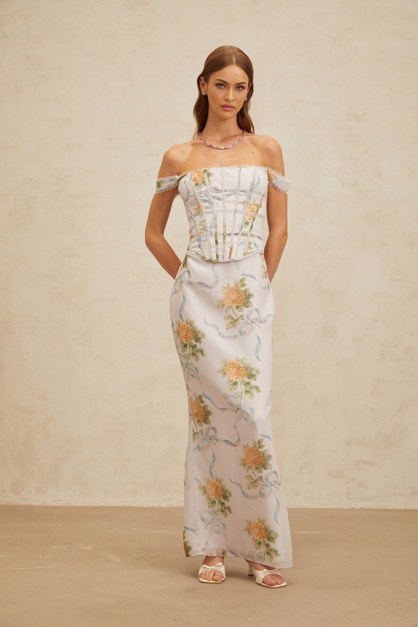 Kenzie Maxi Dress - Off - Shoulder Corseted Floral Print - Boned Bodice - Lace Trim