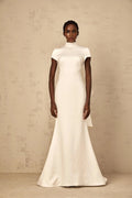 Kenzie Maxi Dress White Bow Mermaid Hem Open Back Cross - Boned
