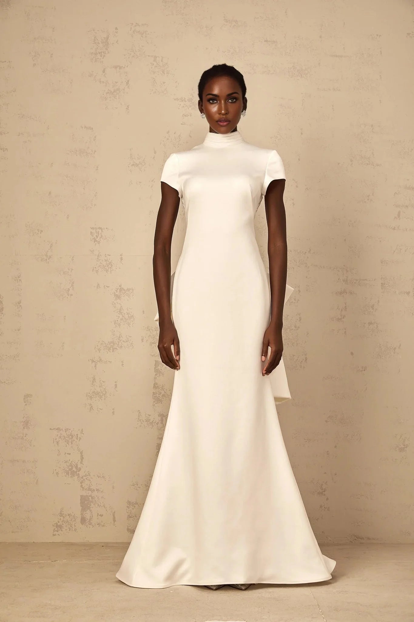 Kenzie Maxi Dress White Bow Mermaid Hem Open Back Cross - Boned