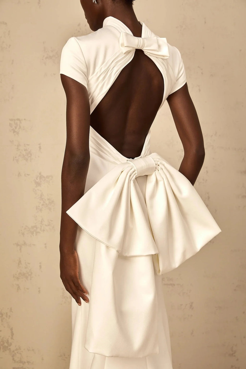 Kenzie Maxi Dress White Bow Mermaid Hem Open Back Cross - Boned