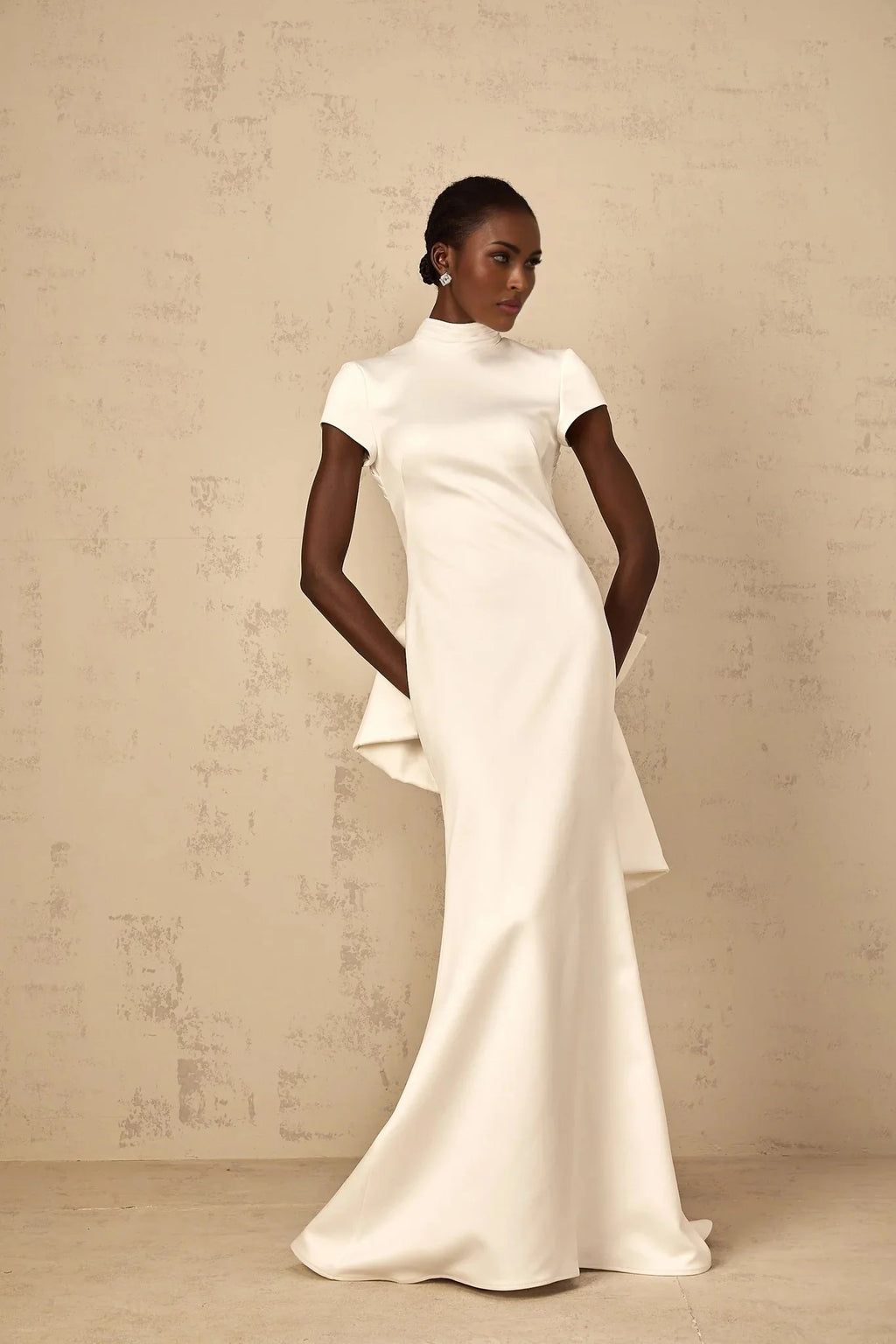 Kenzie Maxi Dress White Bow Mermaid Hem Open Back Cross - Boned