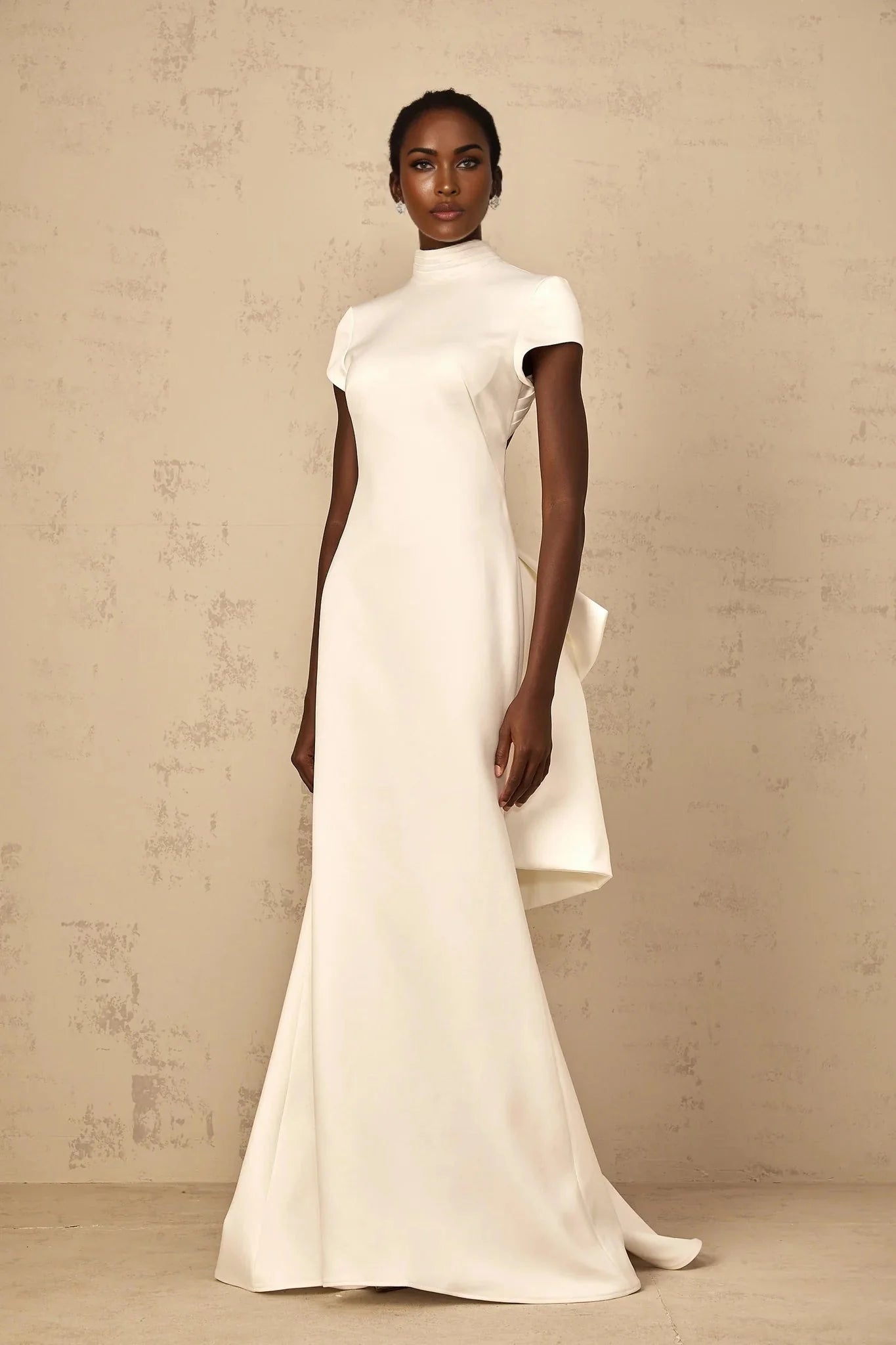 Kenzie Maxi Dress White Bow Mermaid Hem Open Back Cross - Boned