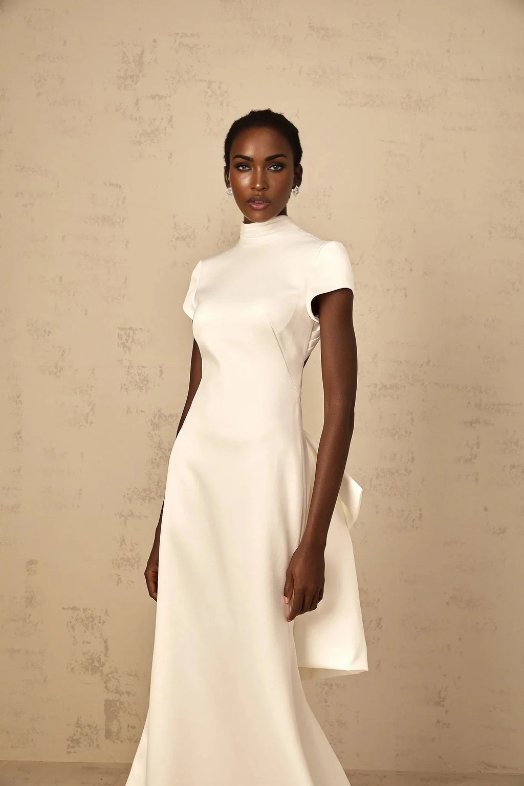 Kenzie Maxi Dress White Bow Mermaid Hem Open Back Cross - Boned