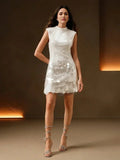 This stunning sleeveless dress features a shimmering white fabric adorned with iridescent sequins, creating a playful yet.