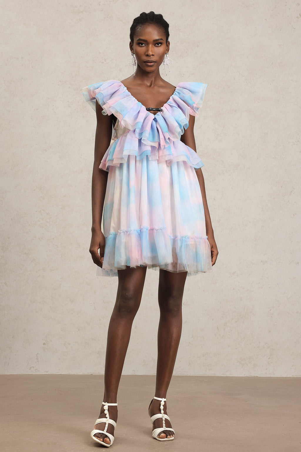 Kenzie Pink Ruffled Neckline Puff Sleeve Mini Dress