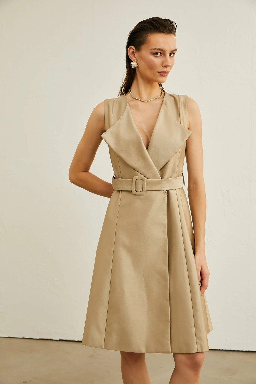 Khaki Belted Midi Dress with V - Neck and Pleated Flared Skirt