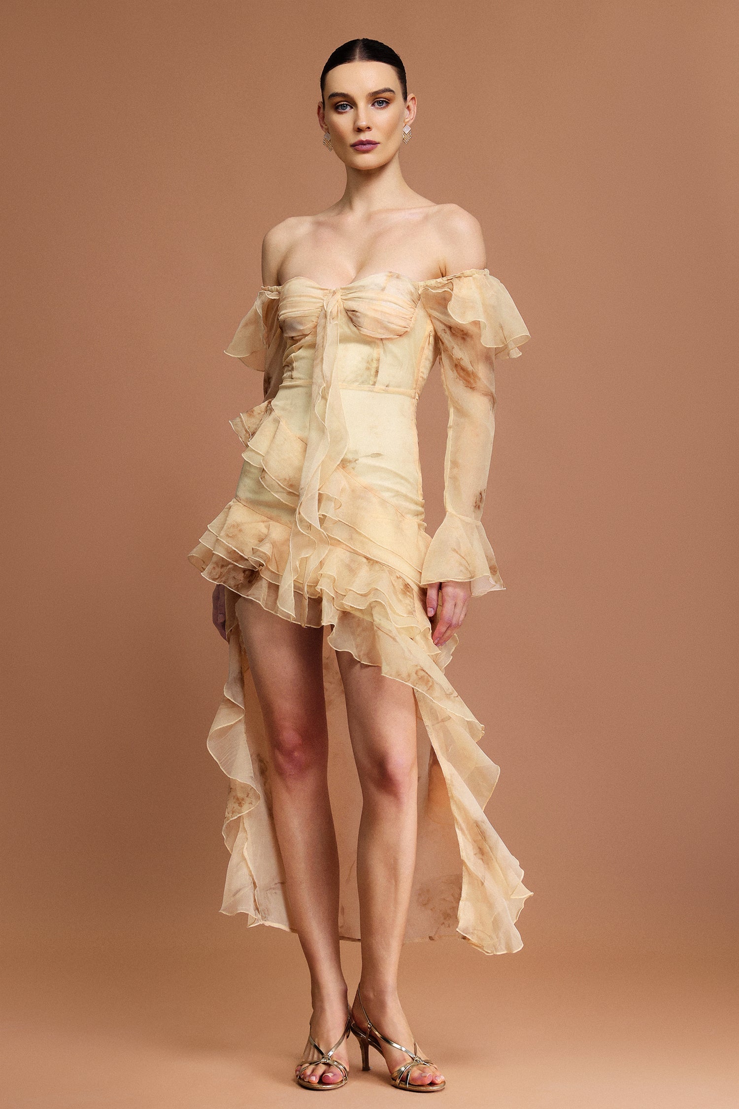 Khloe Beige Off-the-Shoulder Ruffled Midi Dress