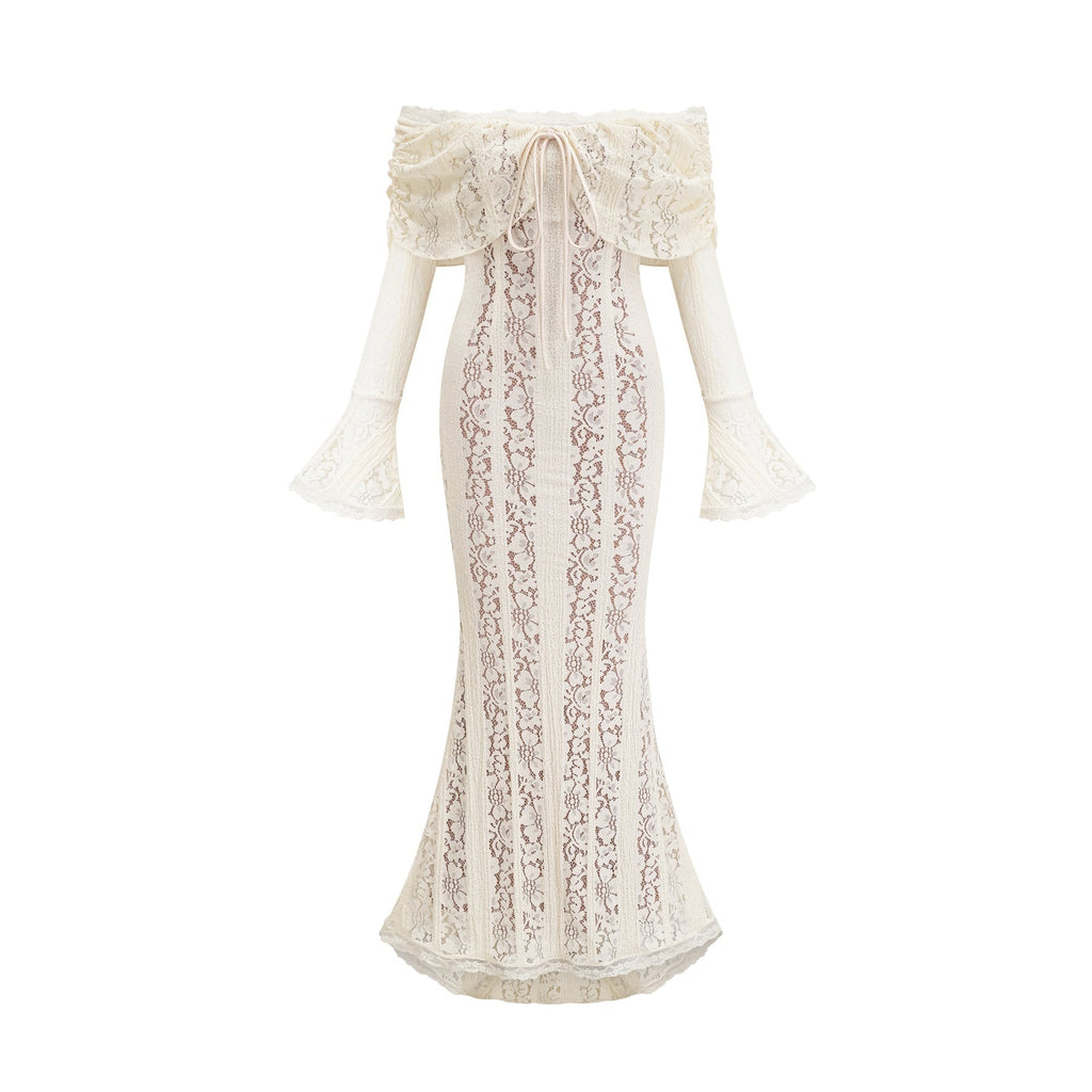 Kiara Elegant Maxi Dress in Neutrals with Long Sleeves