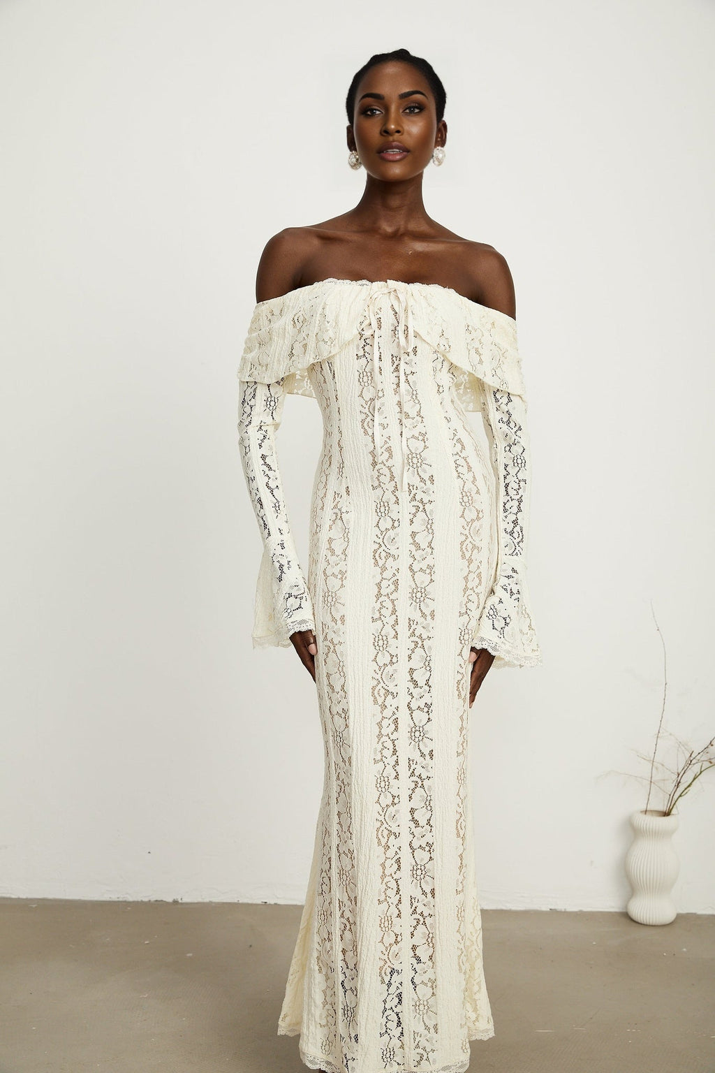 Kiara Elegant Maxi Dress in Neutrals with Long Sleeves