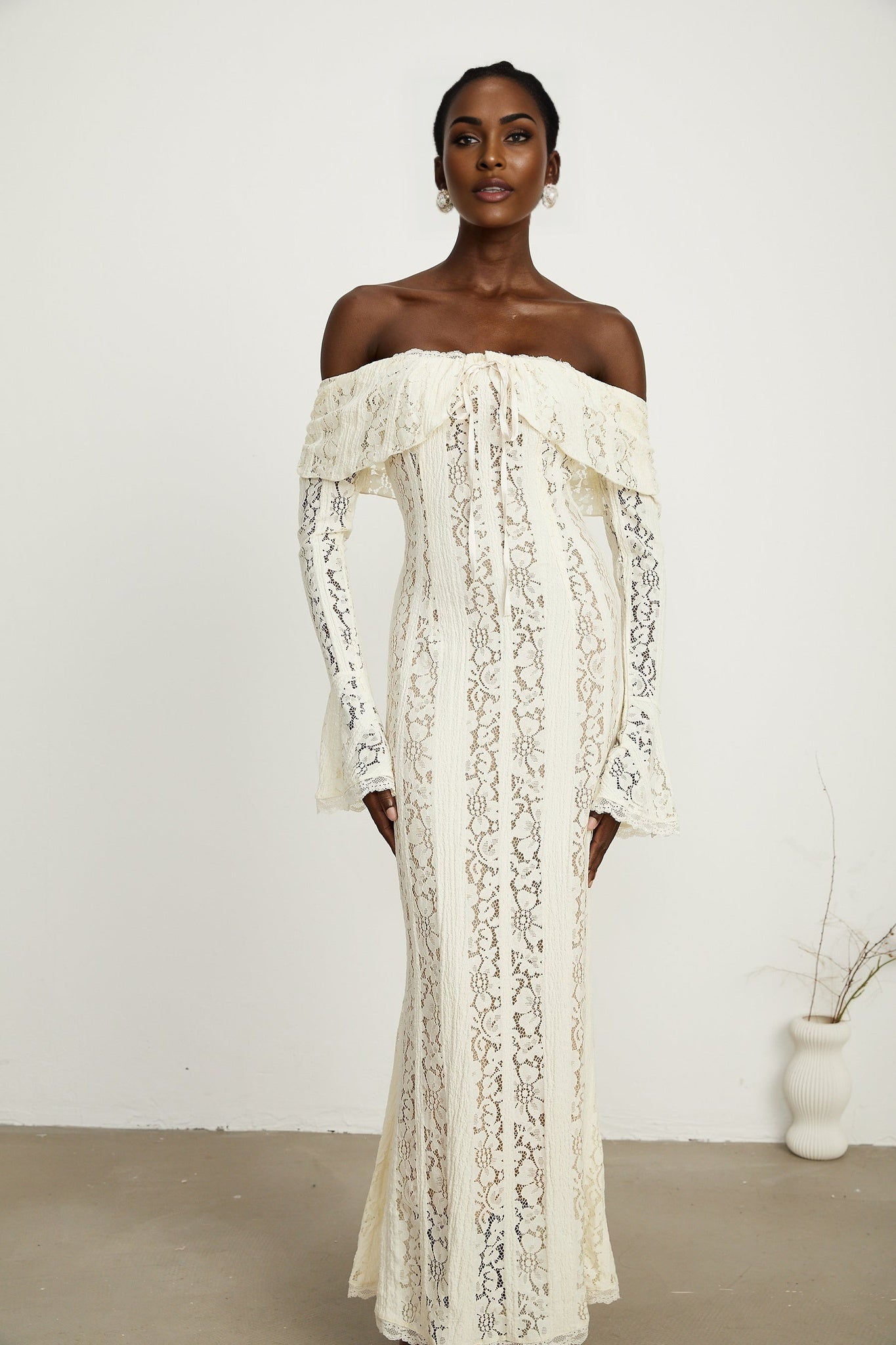 Kiara Elegant Maxi Dress in Neutrals with Long Sleeves