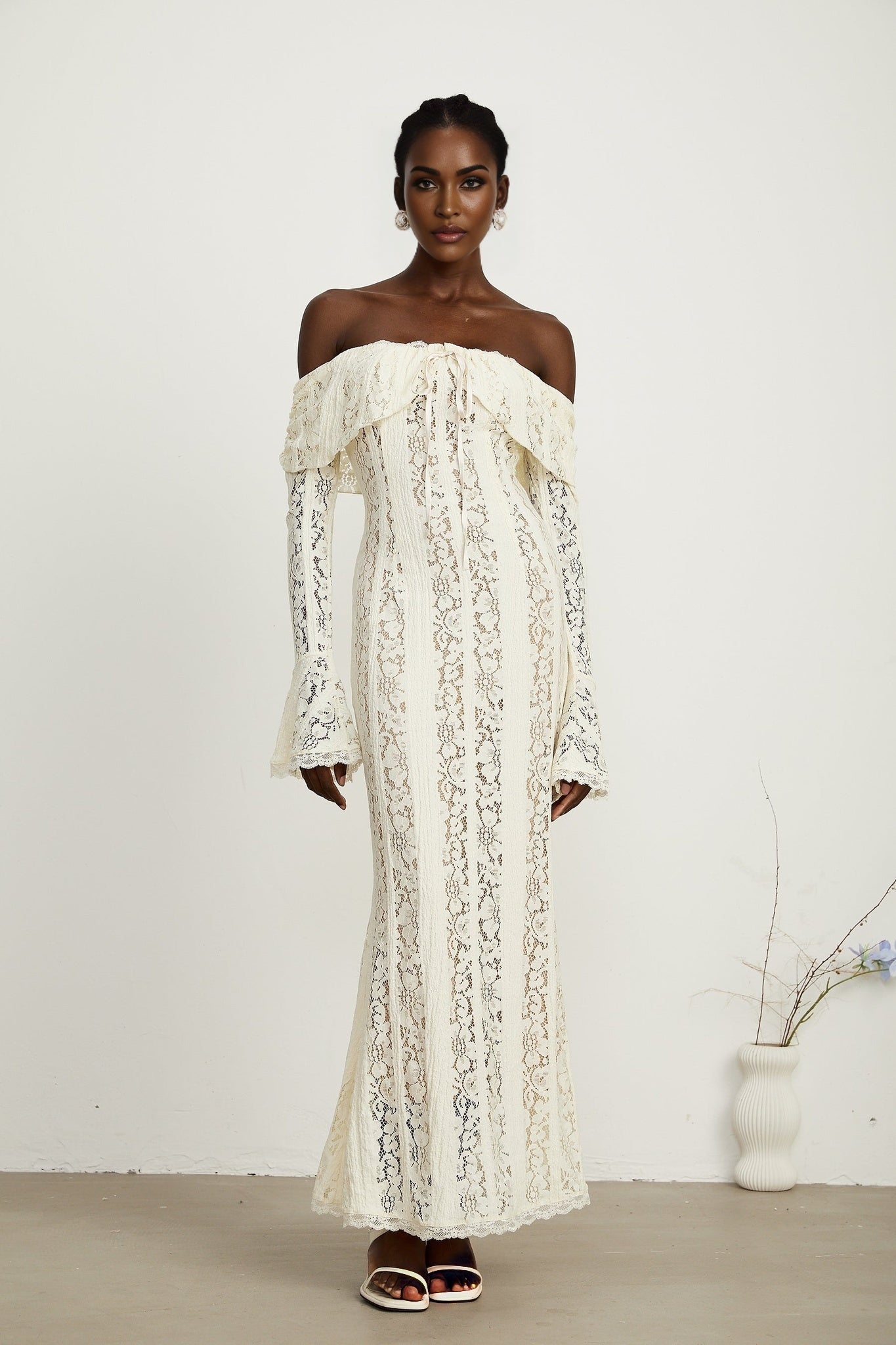 Kiara Elegant Maxi Dress in Neutrals with Long Sleeves