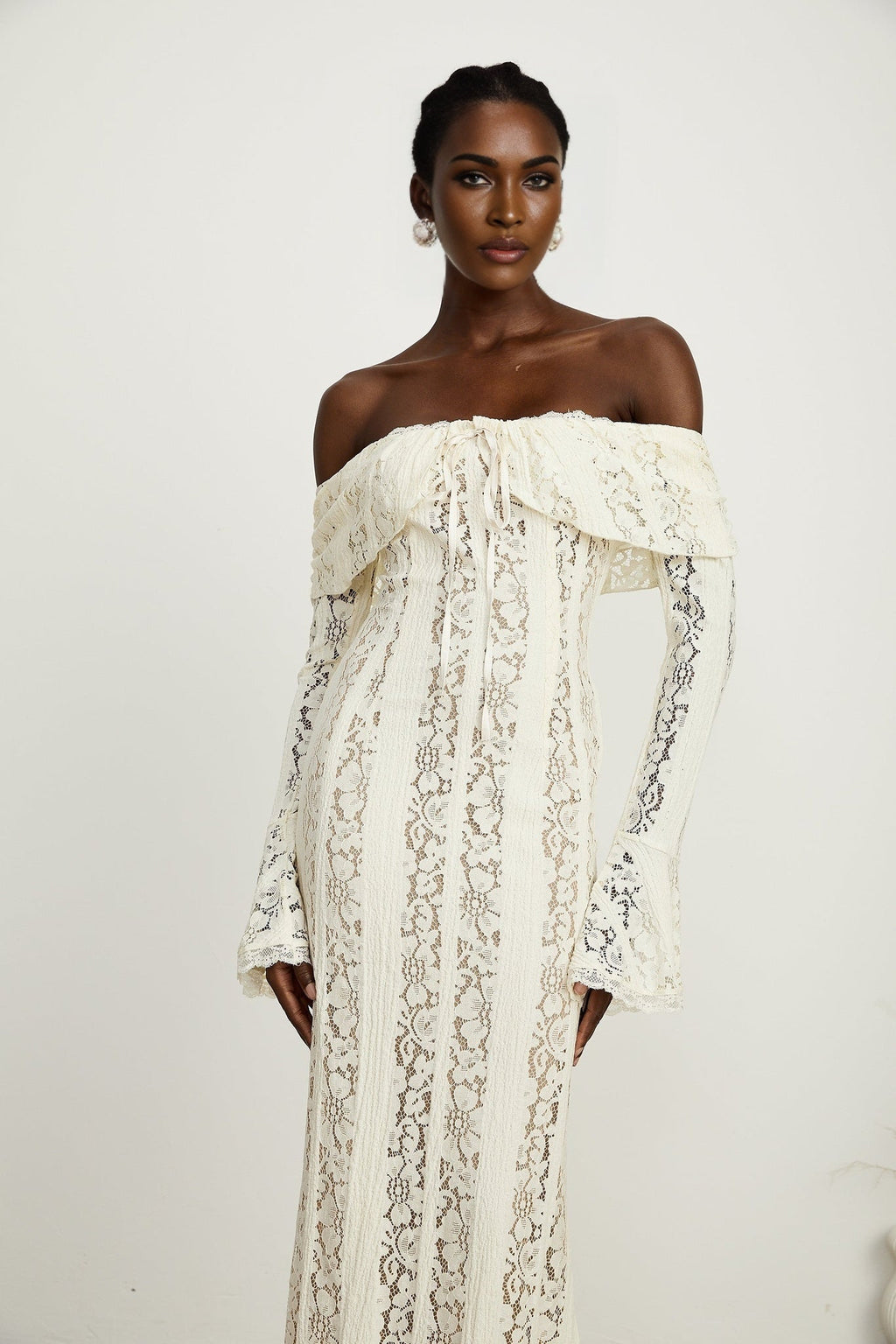 Kiara Elegant Maxi Dress in Neutrals with Long Sleeves