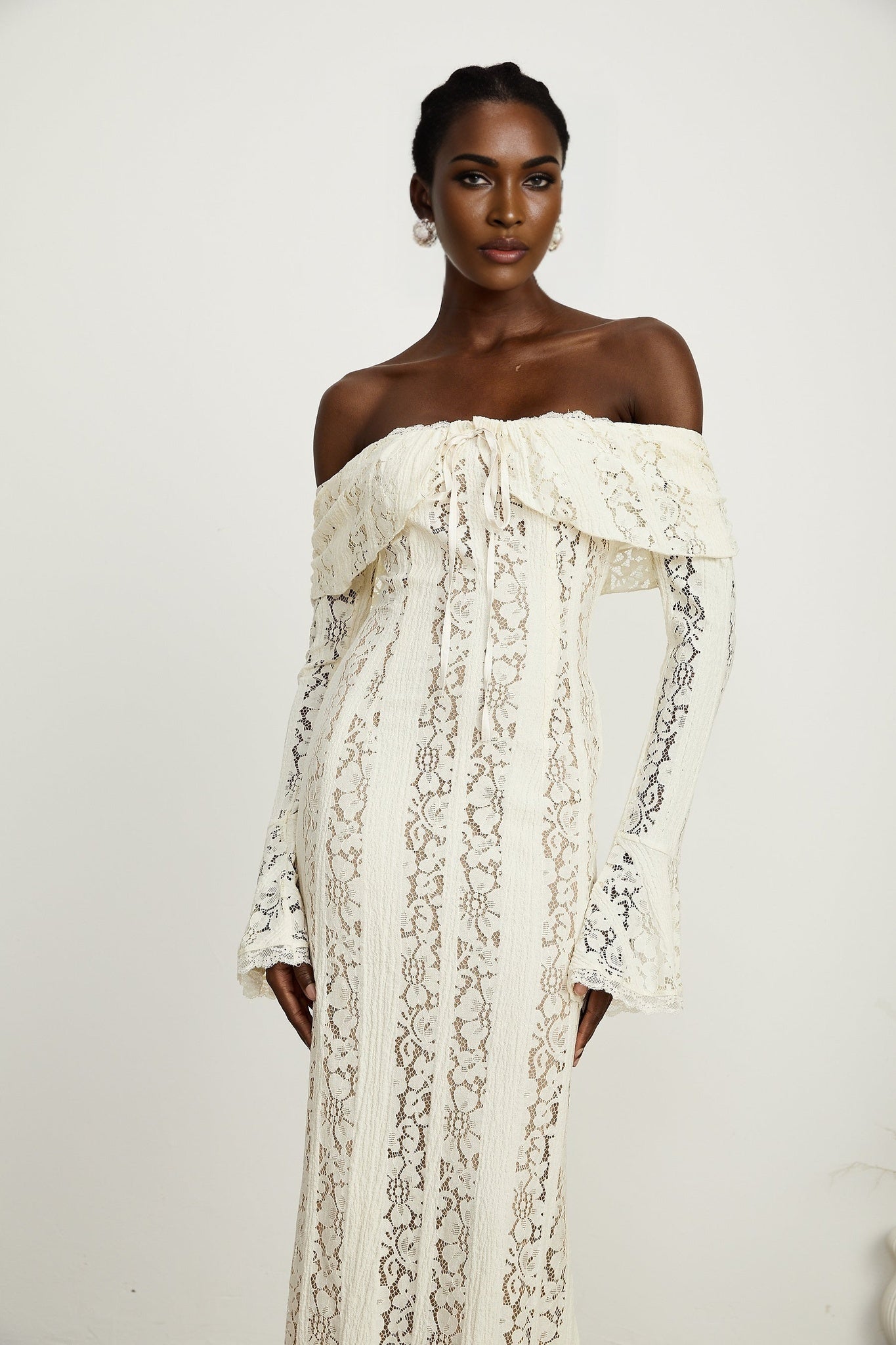 Kiara Elegant Maxi Dress in Neutrals with Long Sleeves