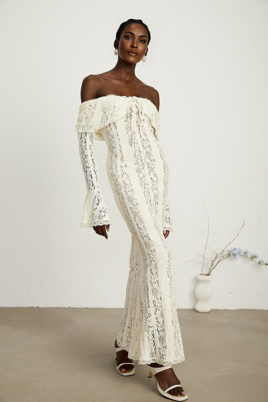 Kiara Elegant Maxi Dress in Neutrals with Long Sleeves