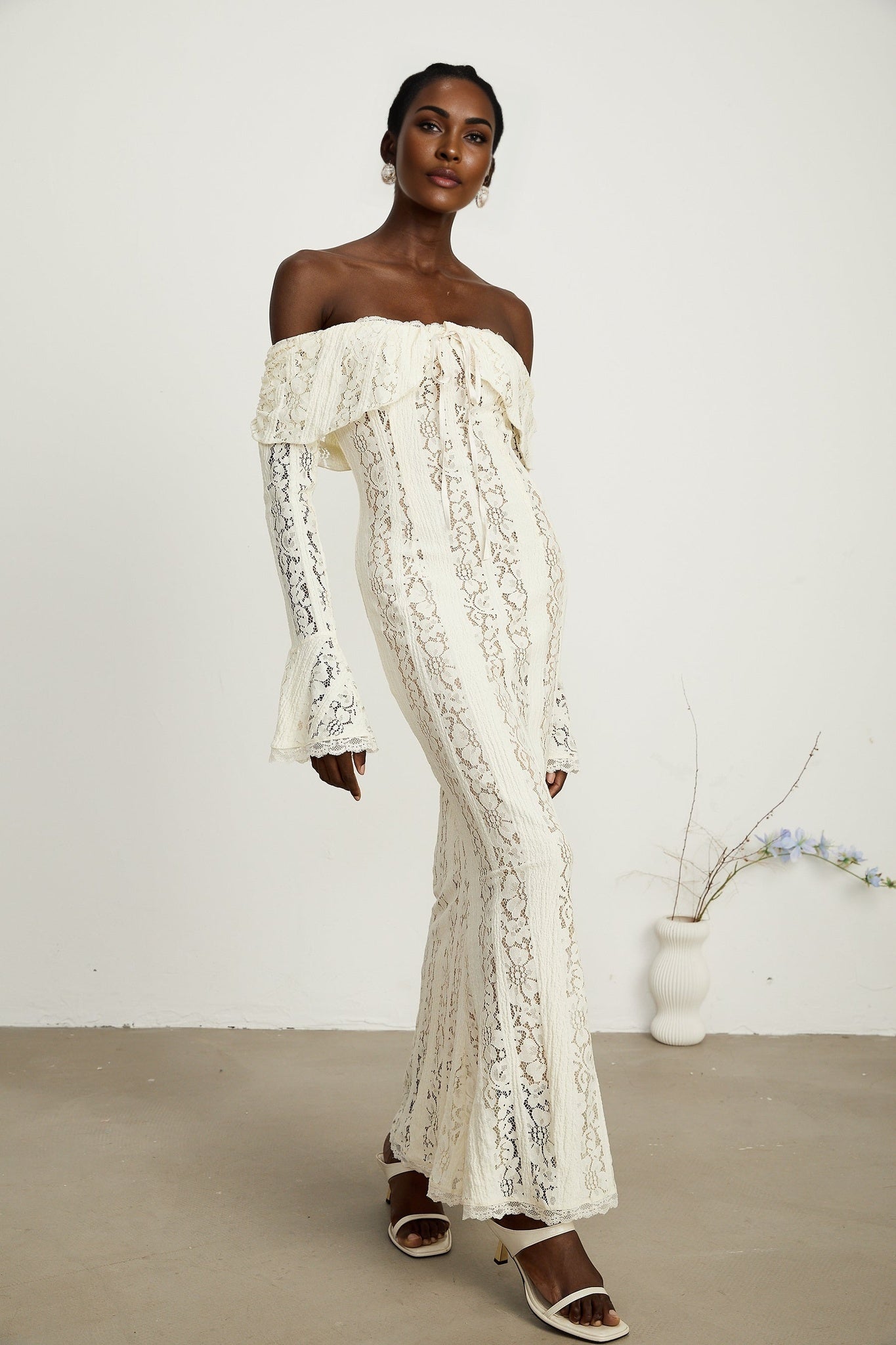 Kiara Elegant Maxi Dress in Neutrals with Long Sleeves