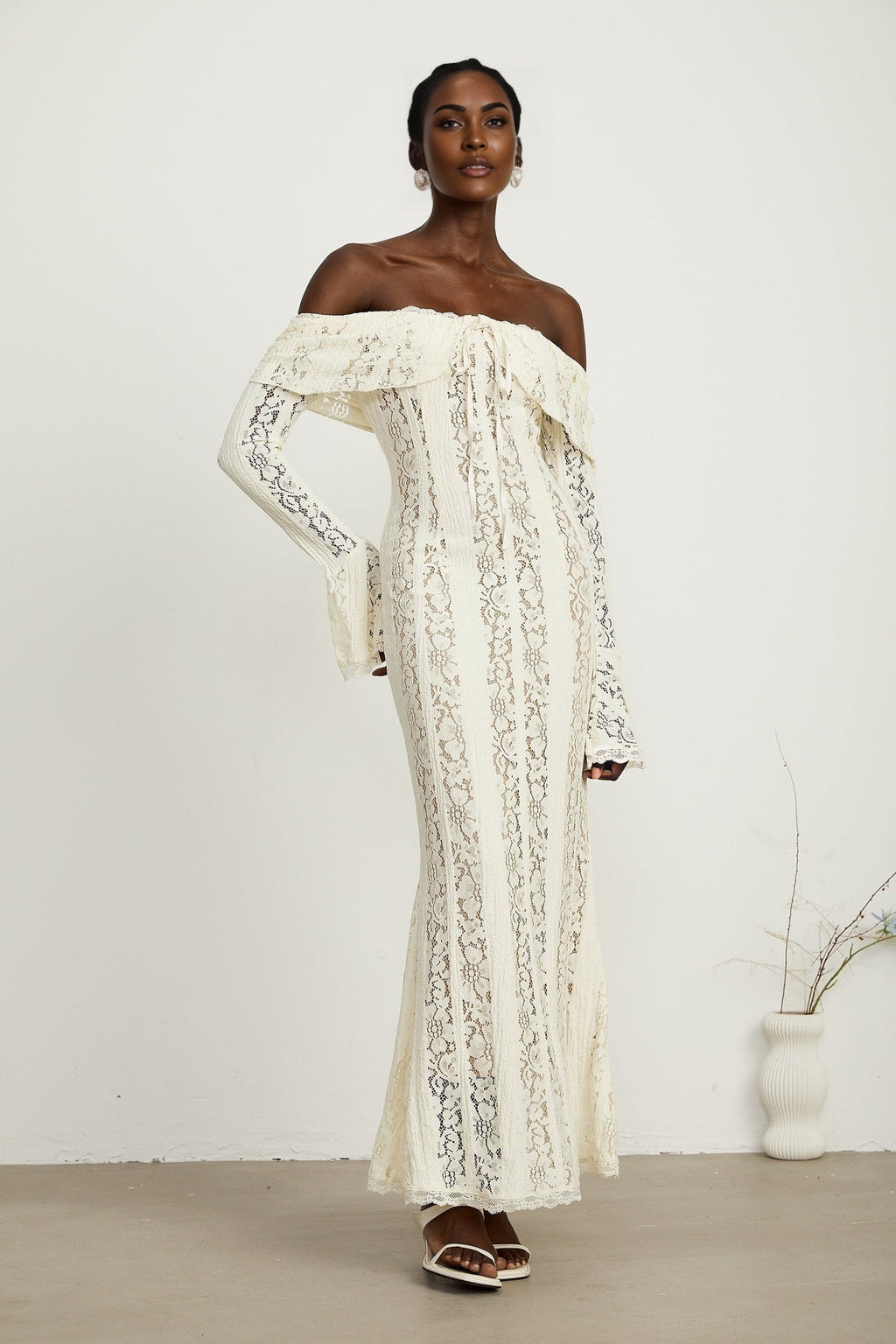 Kiara Elegant Maxi Dress in Neutrals with Long Sleeves