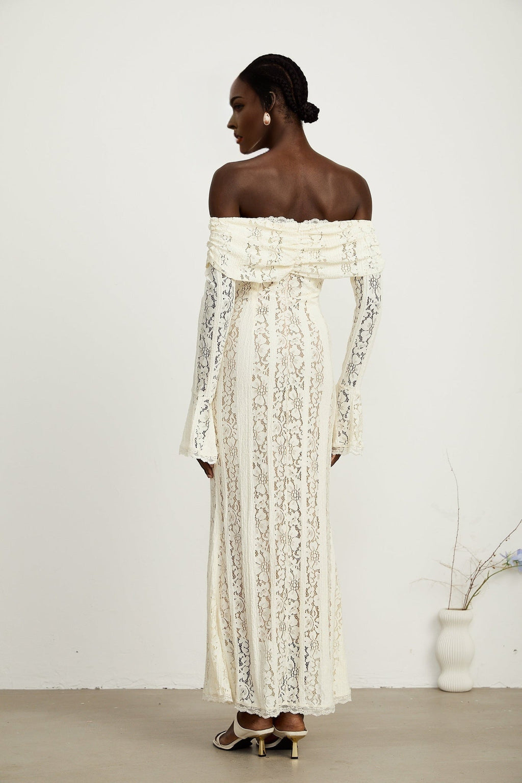 Kiara Elegant Maxi Dress in Neutrals with Long Sleeves