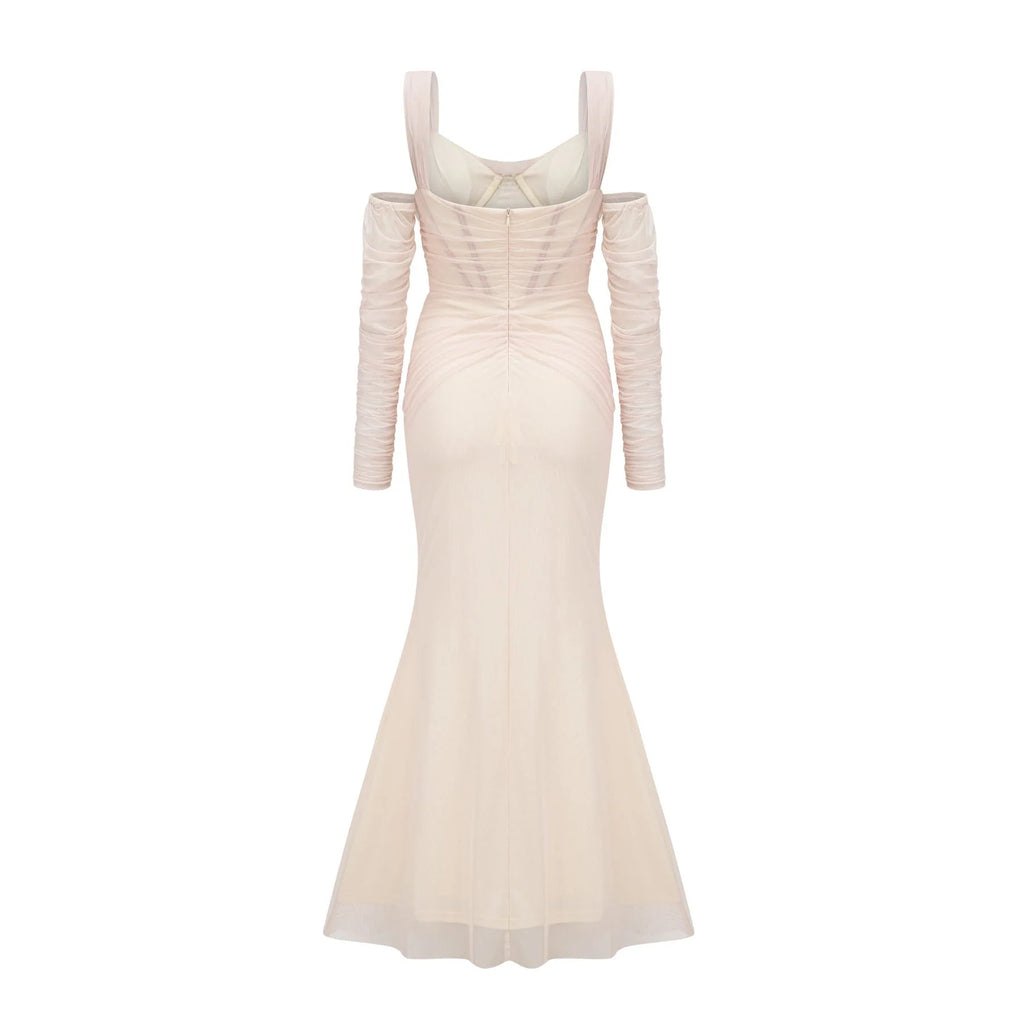 Kiara Midi Dress White Bustier Mesh Layered & Waist Tie Zip Length