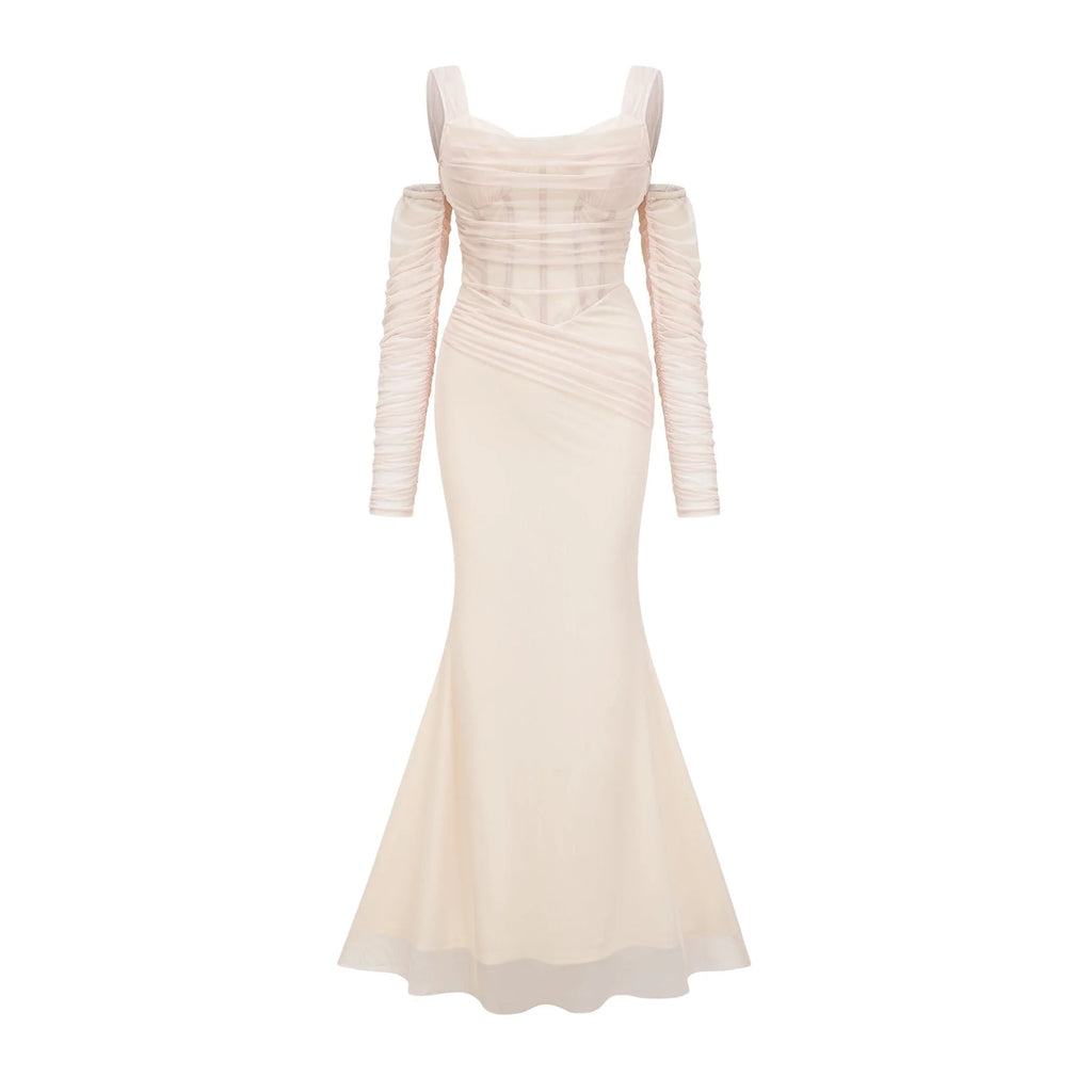 Kiara Midi Dress White Bustier Mesh Layered & Waist Tie Zip Length