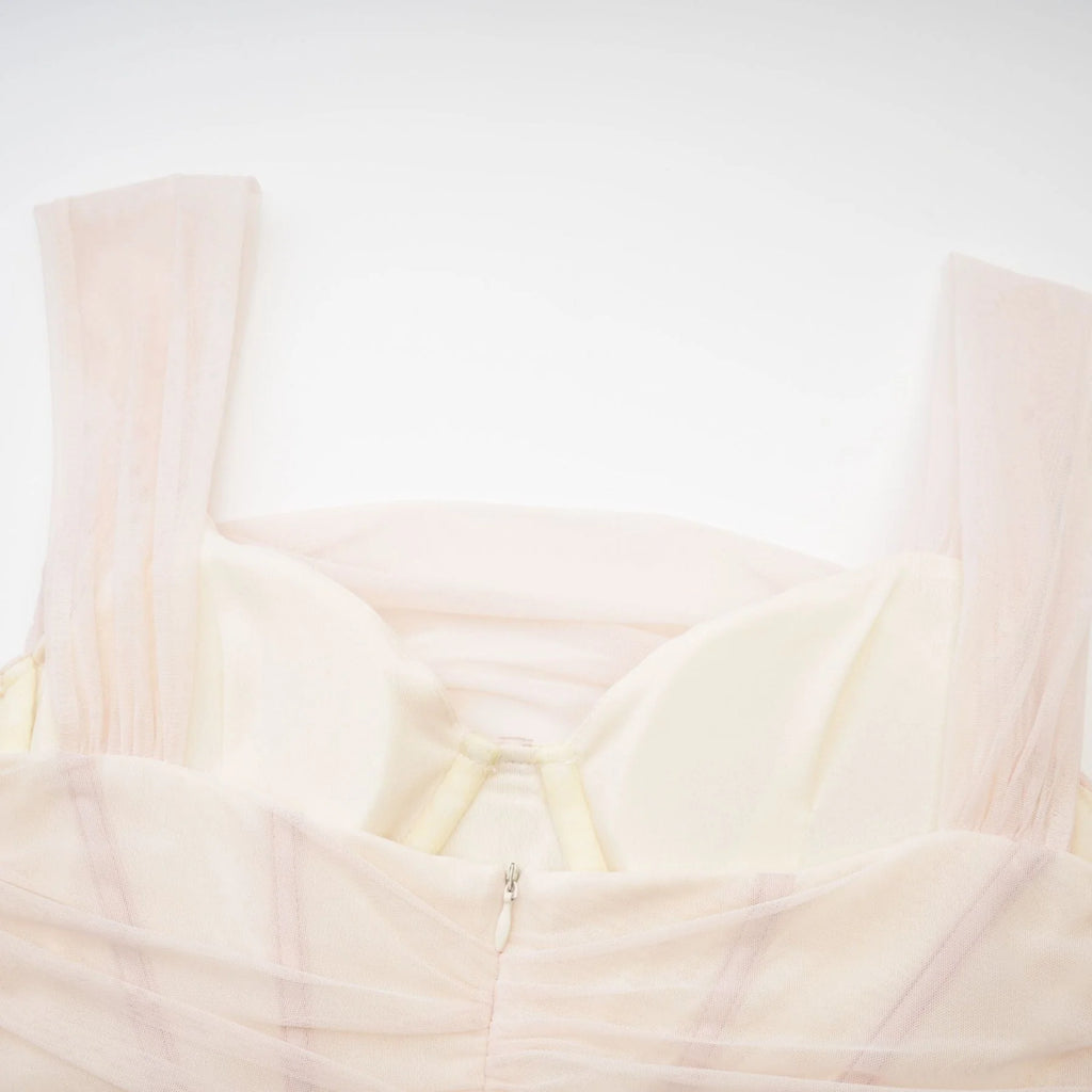 Kiara Midi Dress White Bustier Mesh Layered & Waist Tie Zip Length
