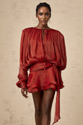 Kiara Mini Dress - Buttoned - Cuff Sleeves - Neck Tie Fastening - Draped Design - Ruffled Hem