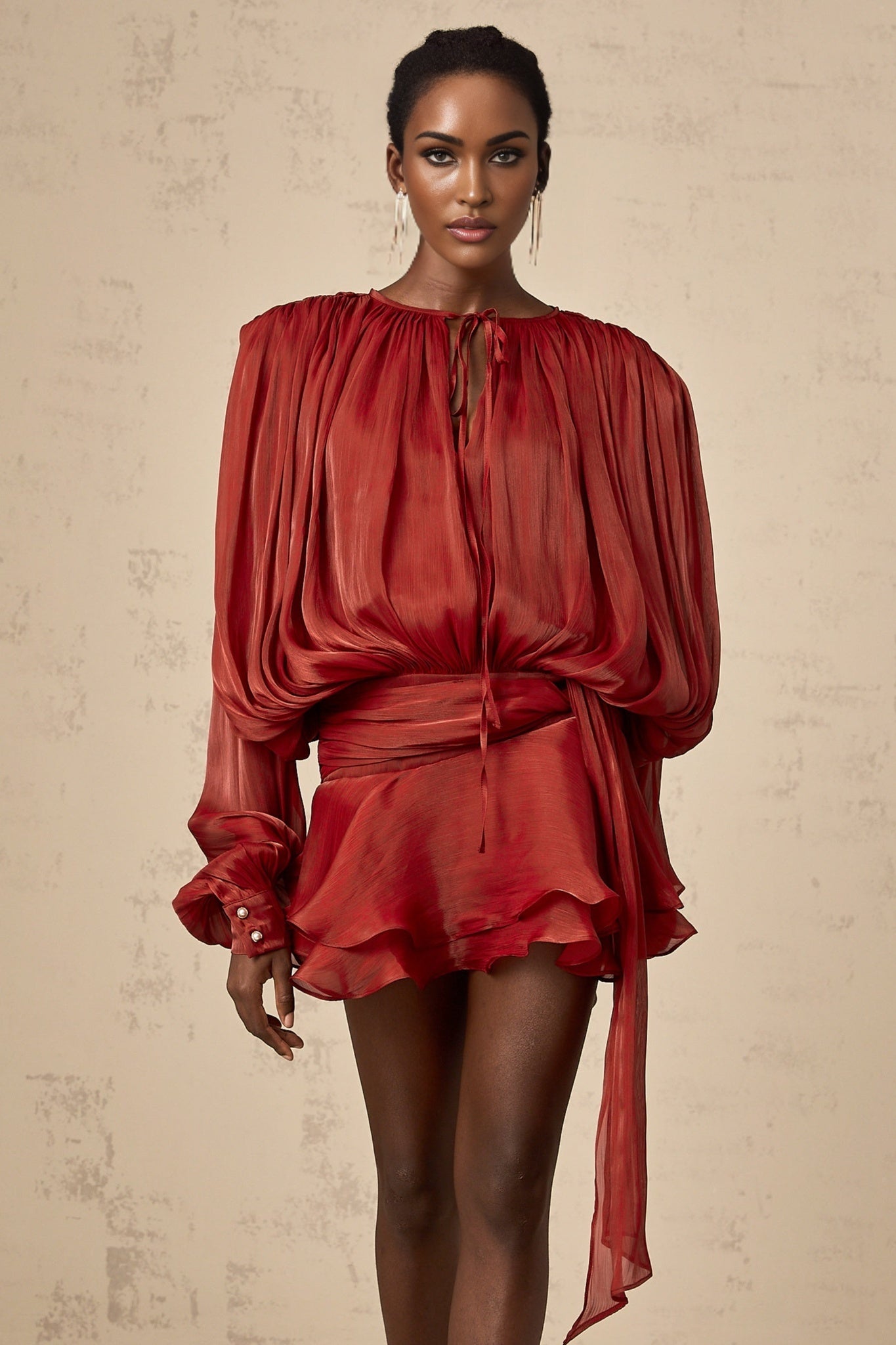 Kiara Mini Dress - Buttoned - Cuff Sleeves - Neck Tie Fastening - Draped Design - Ruffled Hem