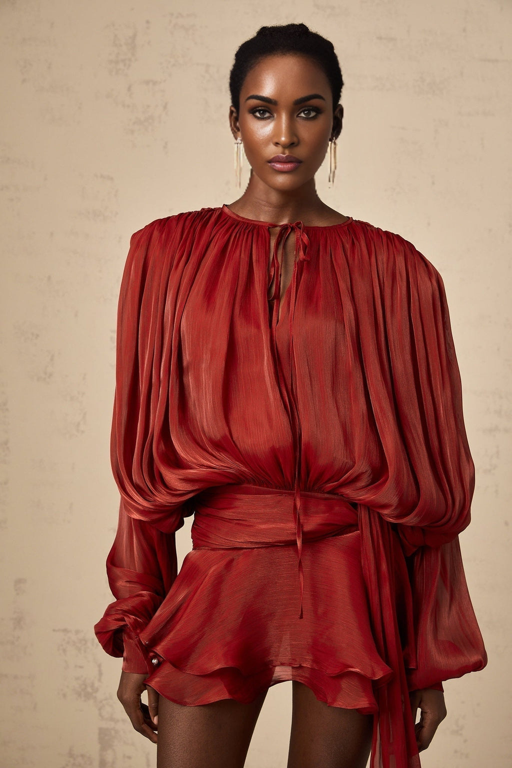 Kiara Mini Dress - Buttoned - Cuff Sleeves - Neck Tie Fastening - Draped Design - Ruffled Hem