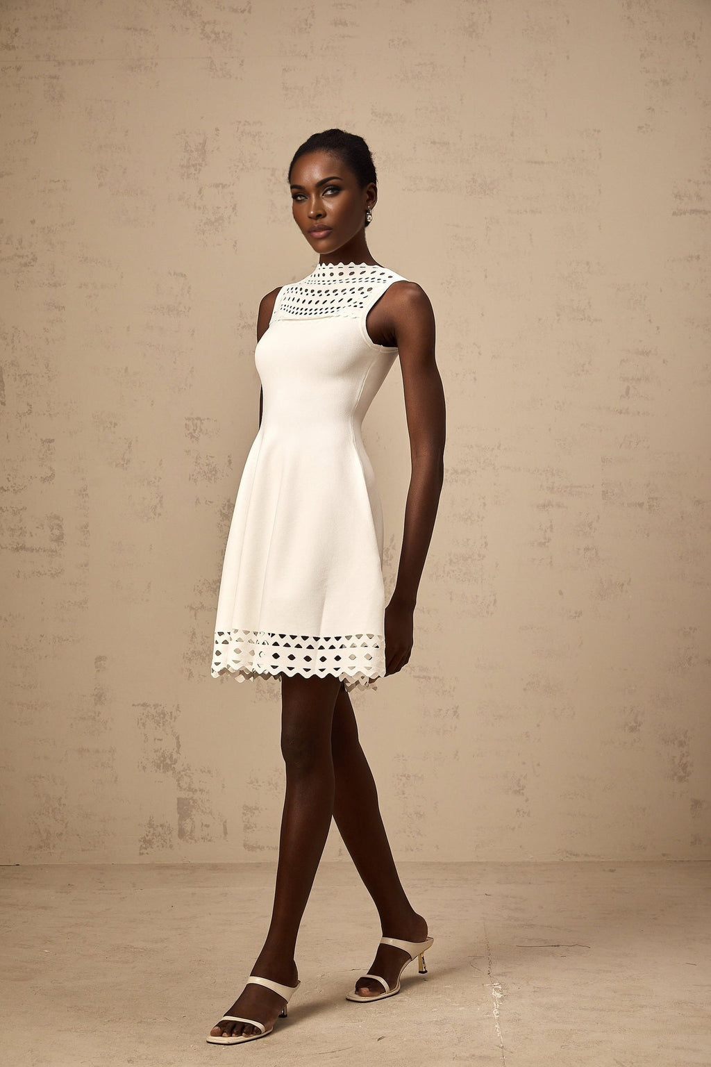 Kiara Mini Dress - Knitted Construction - Cut - out Design - Scallop Hem - Slip - on Style