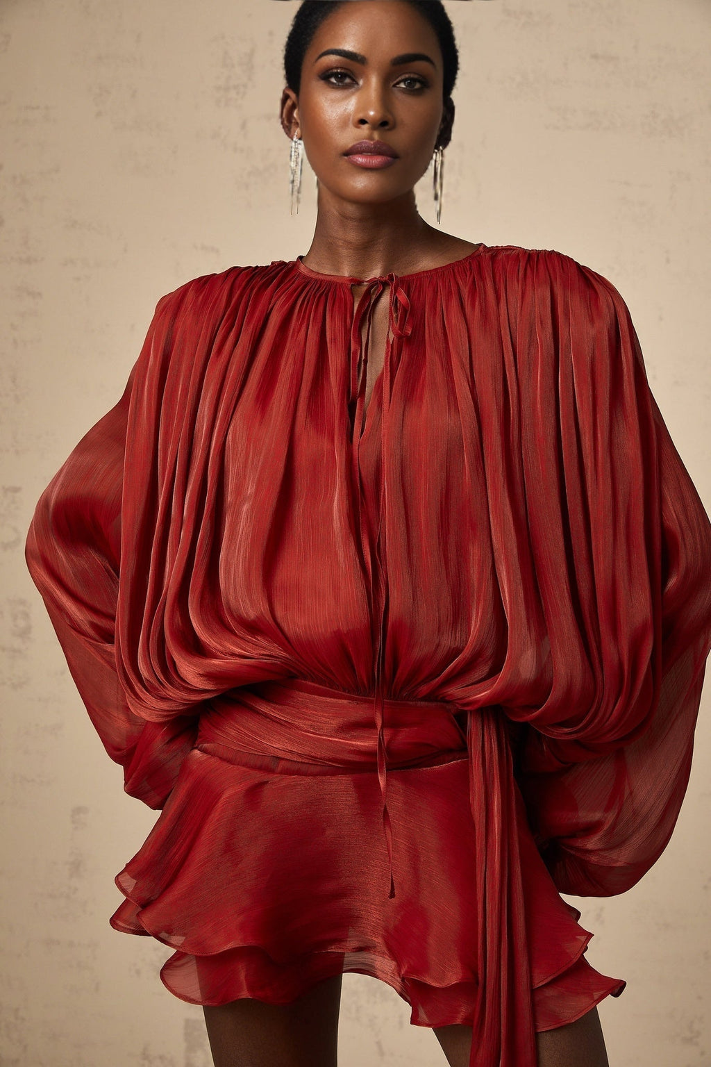 Kiara Mini Dress Twist Ruffle Red Glitter Draped Pleated Hem