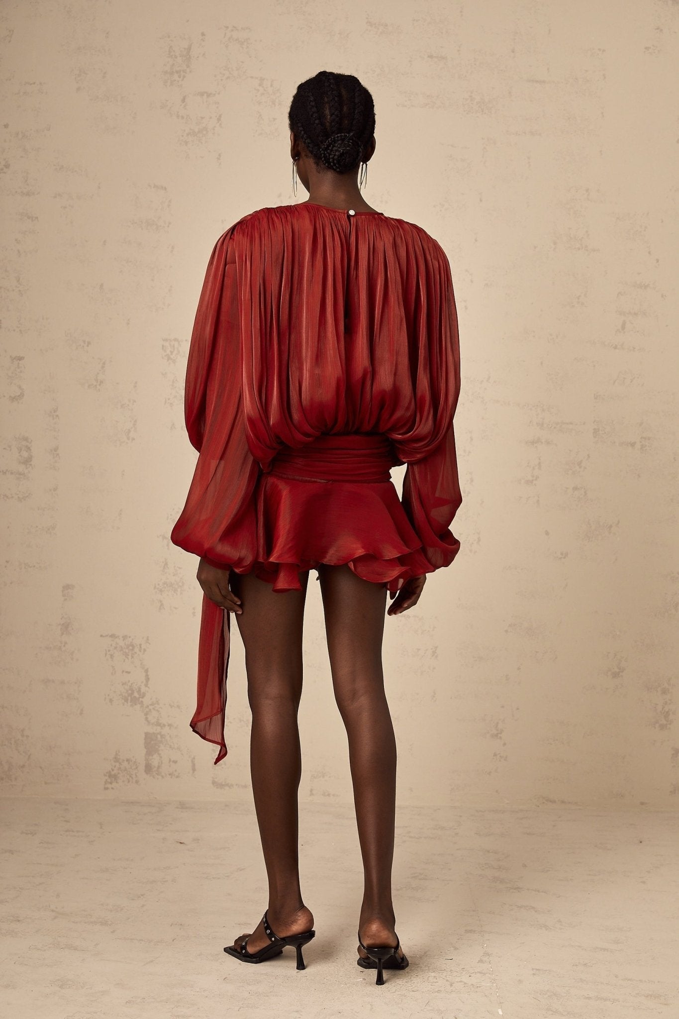 Kiara Mini Dress Twist Ruffle Red Glitter Draped Pleated Hem