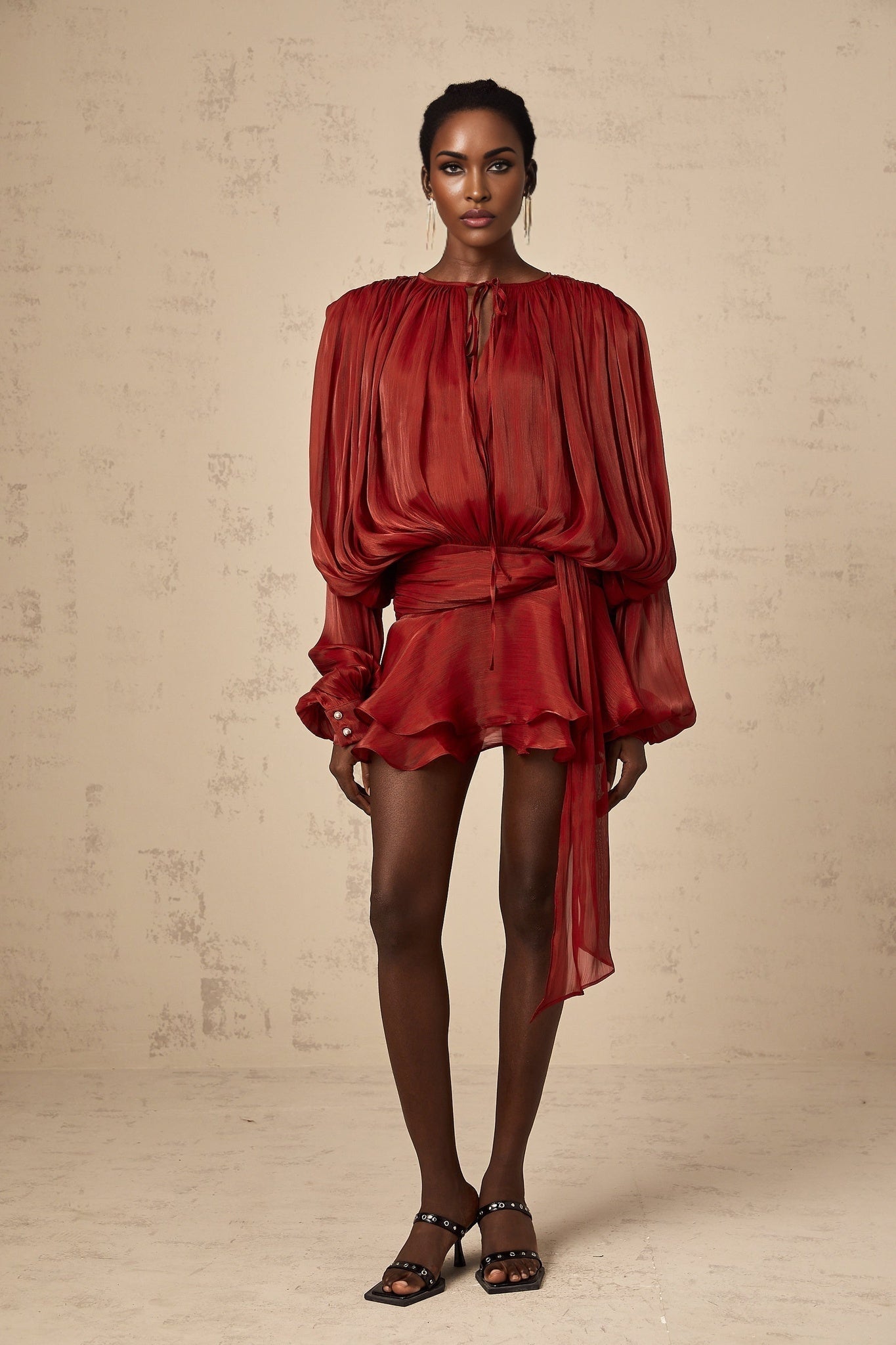 Kiara Mini Dress Twist Ruffle Red Glitter Draped Pleated Hem