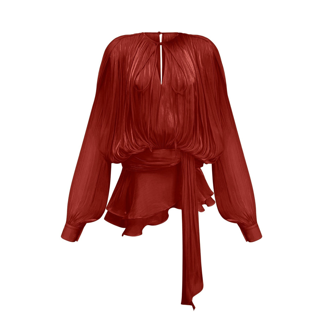 Kiara Mini Dress Twist Ruffle Red Glitter Draped Pleated Hem
