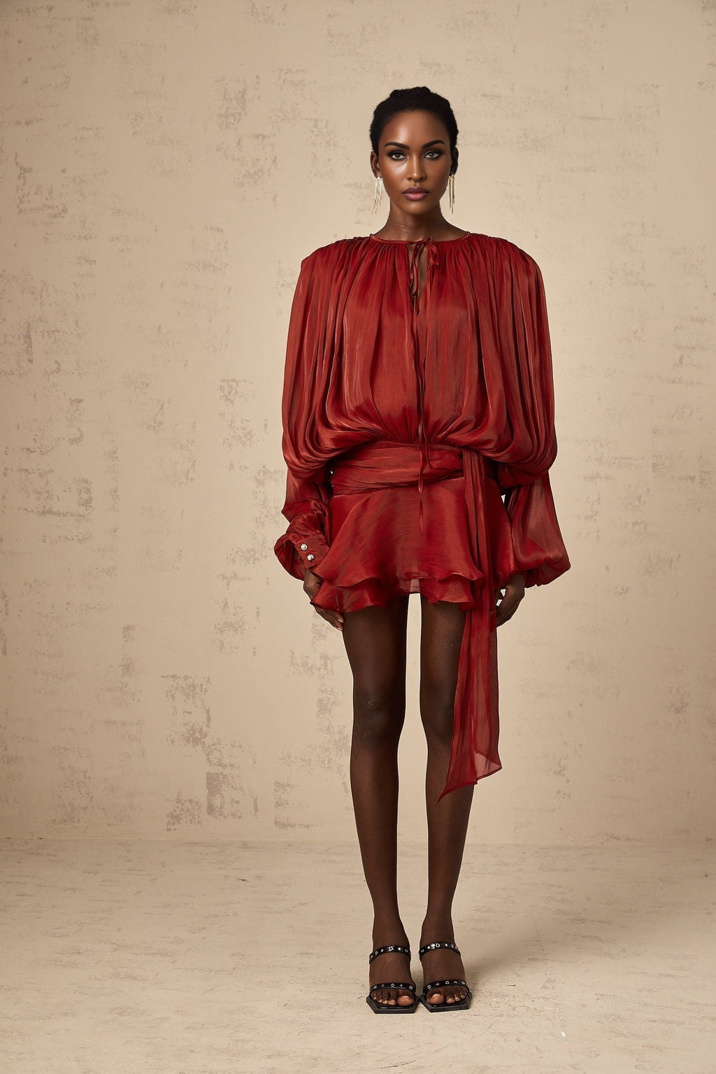 Kiara Mini Dress Twist Ruffle Red Glitter Draped Pleated Hem
