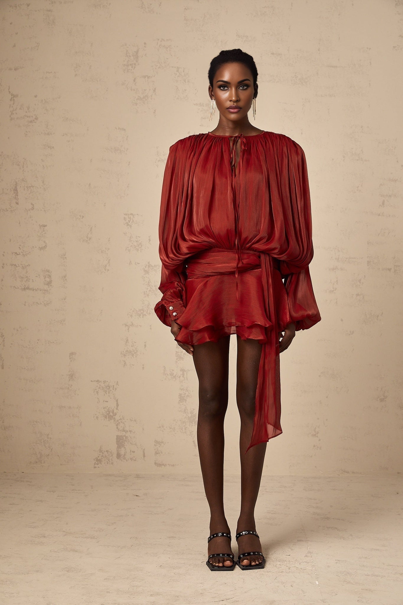 Kiara Mini Dress Twist Ruffle Red Glitter Draped Pleated Hem