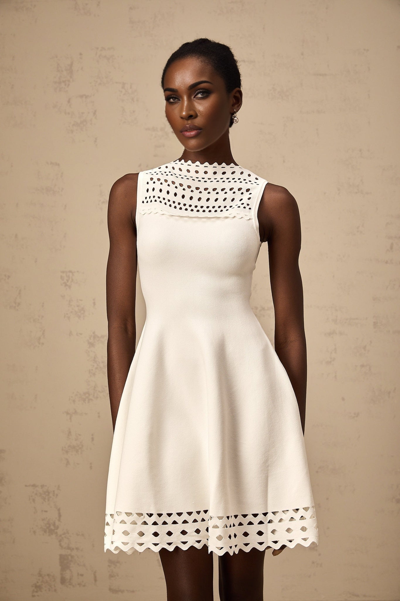 Kiara Mini Dress White Knitted Cut Out Scallop Hem Sleeveless