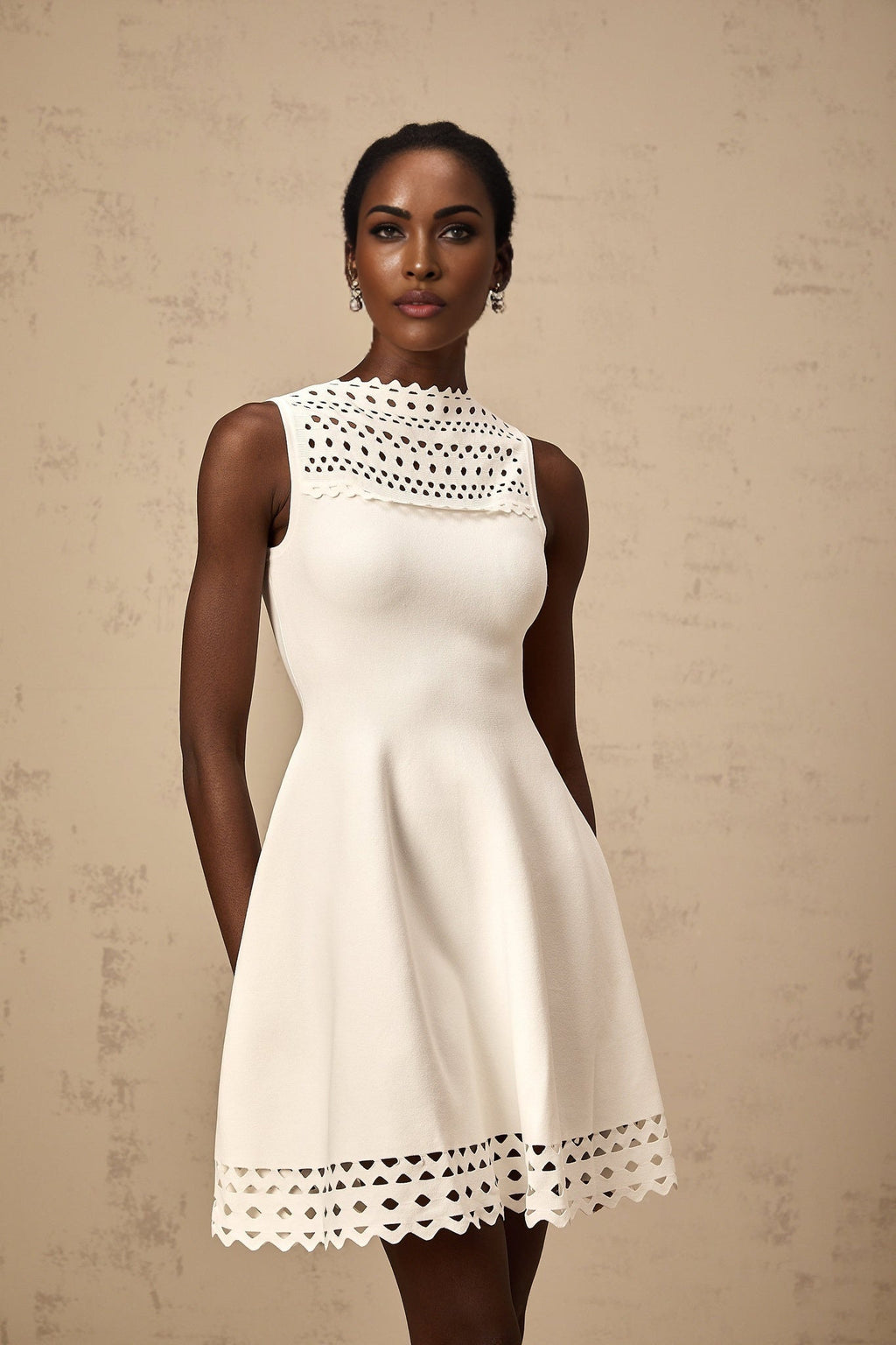 Kiara Mini Dress White Knitted Cut Out Scallop Hem Sleeveless