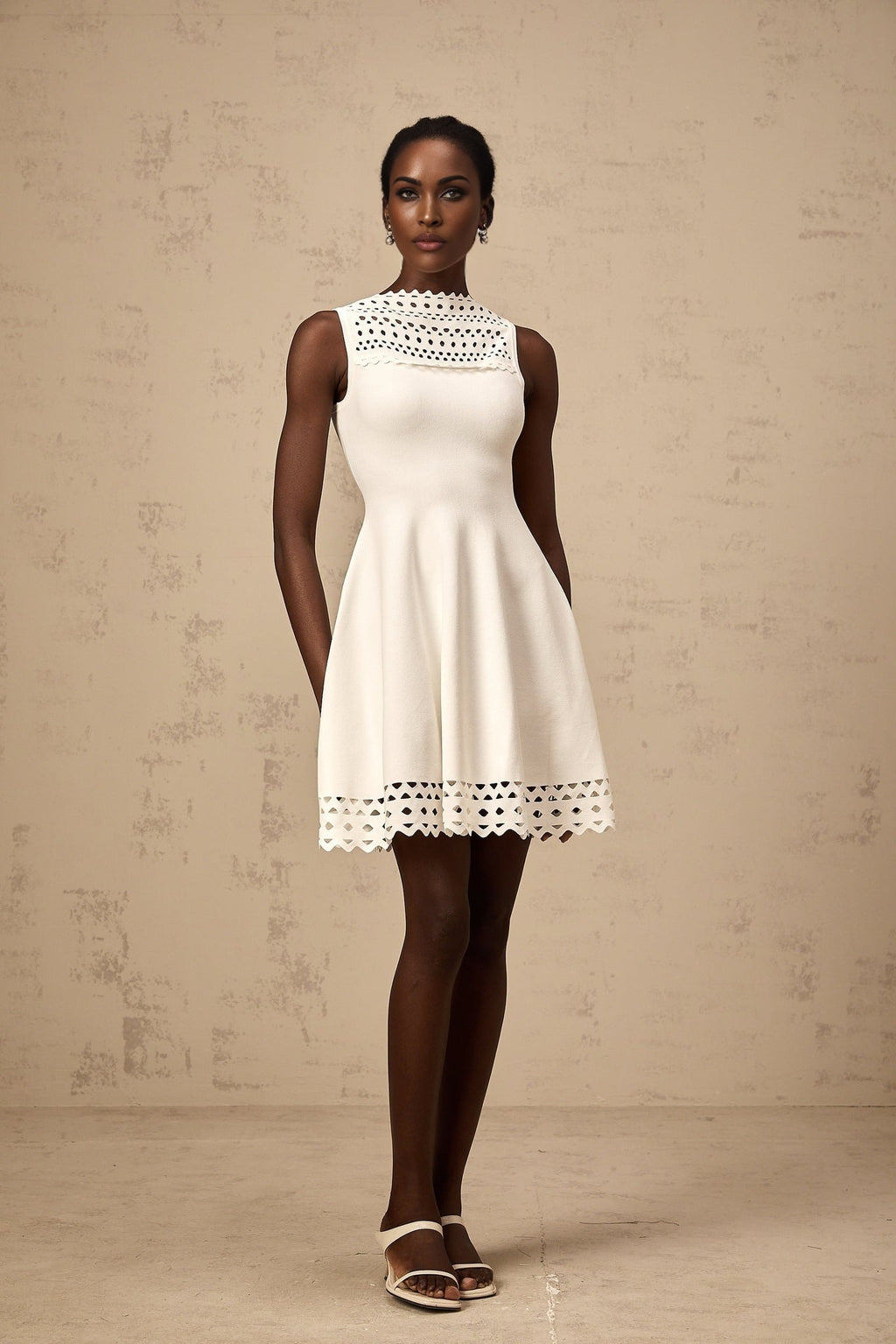 Kiara Mini Dress White Knitted Cut Out Scallop Hem Sleeveless