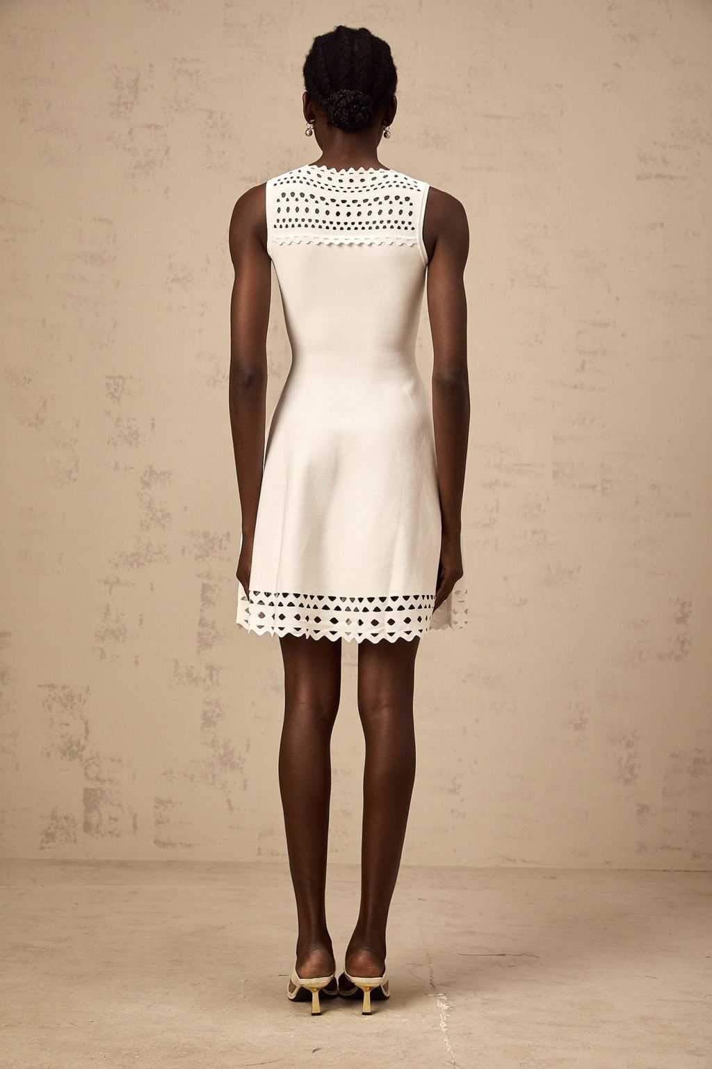 Kiara Mini Dress White Knitted Cut Out Scallop Hem Sleeveless