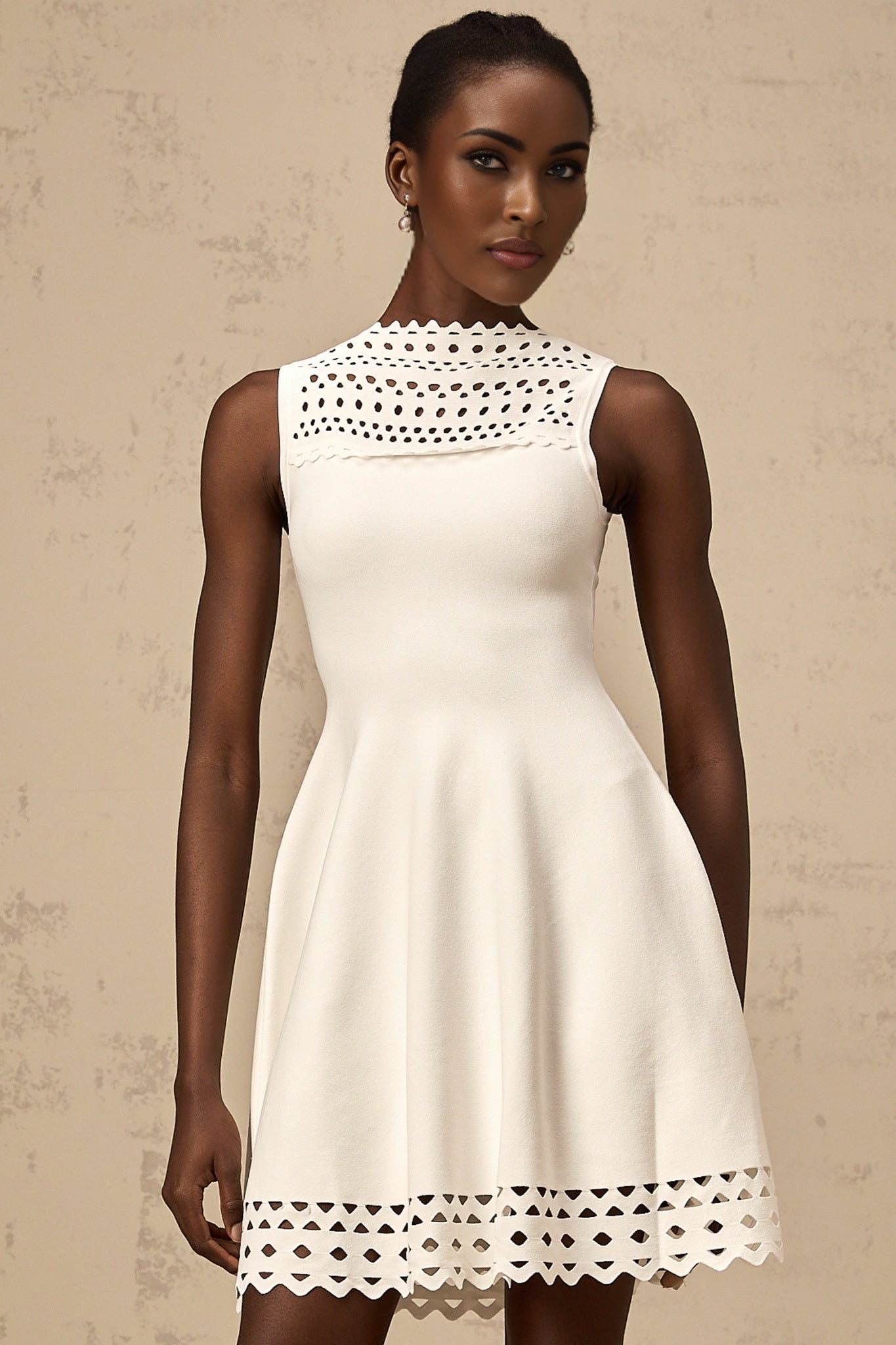 Kiara Mini Dress White Knitted Cut Out Scallop Hem Sleeveless
