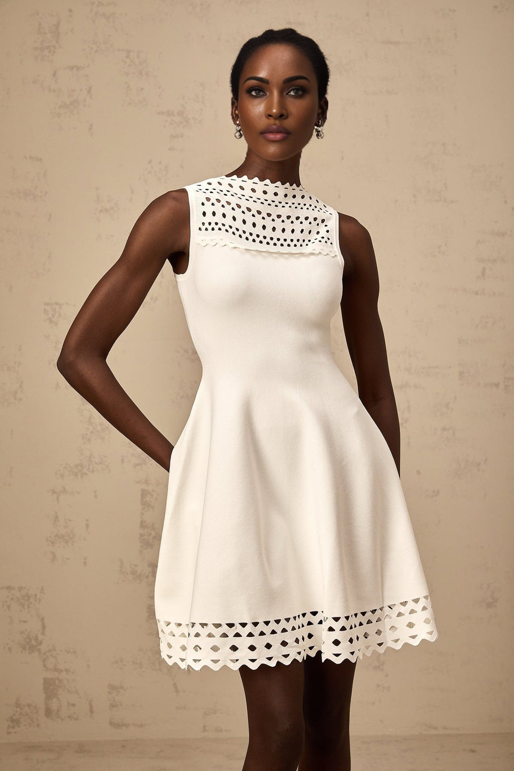 Kiara Mini Dress White Knitted Cut Out Scallop Hem Sleeveless