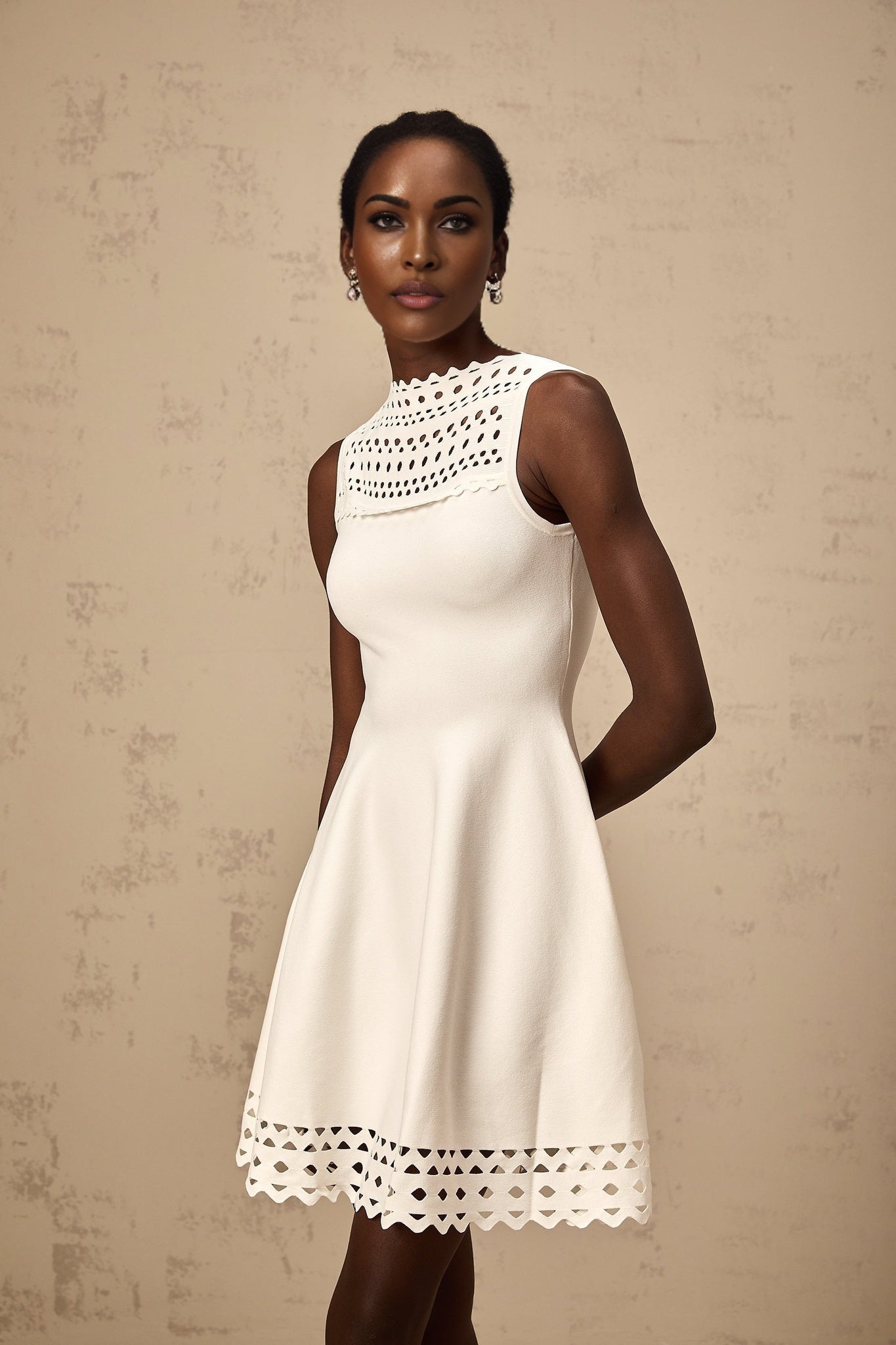 Kiara Mini Dress White Knitted Cut Out Scallop Hem Sleeveless