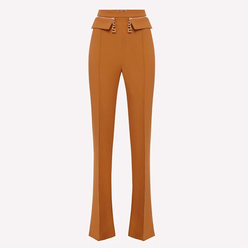 Kiara Trousers - High - Waisted Flare - Structured Tailoring - Contoured Waistline - Chain Embellishment - Layered Waistband