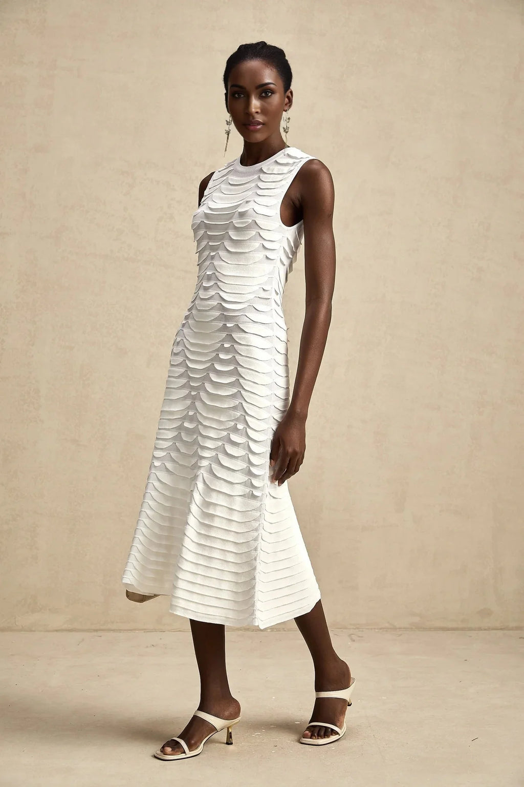 Kiera Midi Dress 3D Snake Pattern Godet Black & Flared