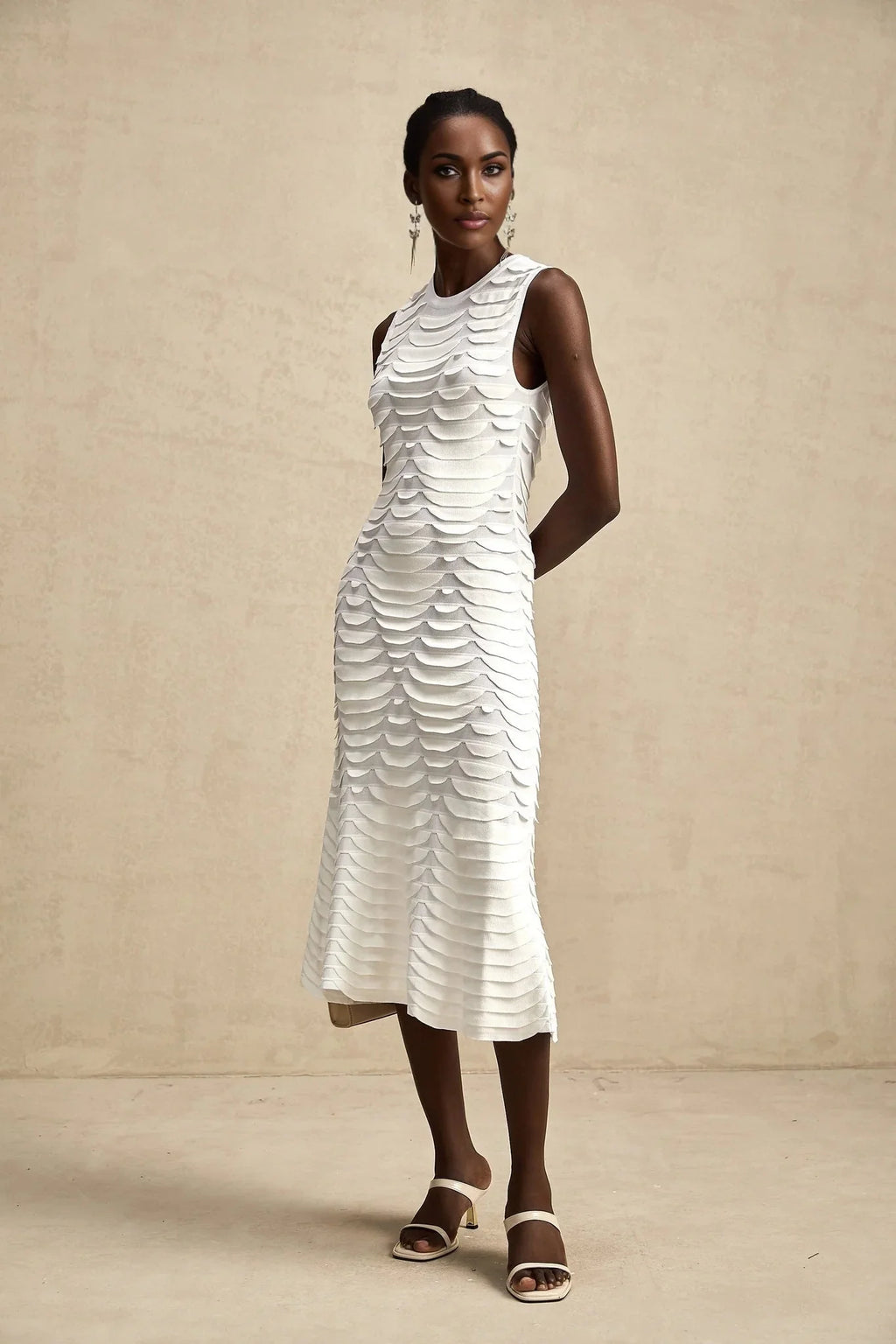 Kiera Midi Dress 3D Snake Pattern Godet Black & Flared